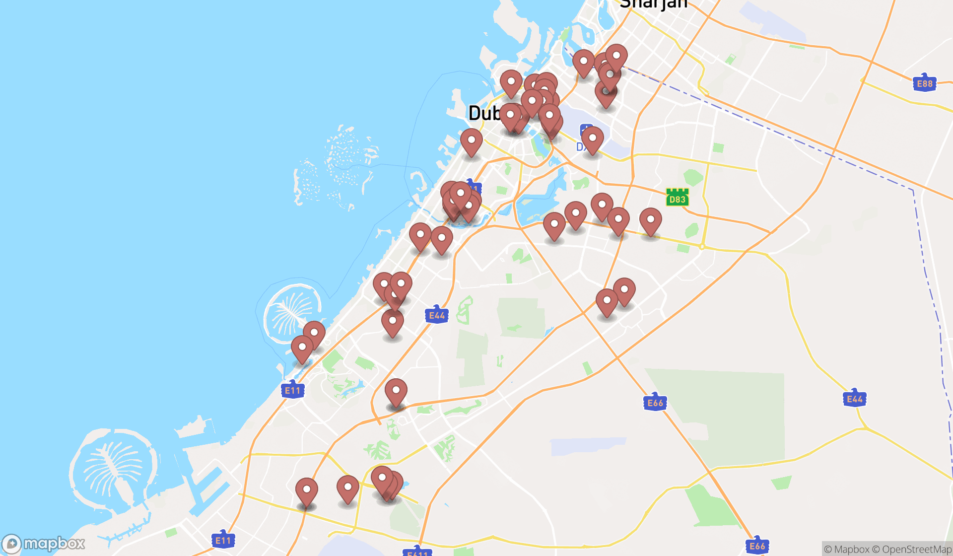 Map showing the search results in Dubai