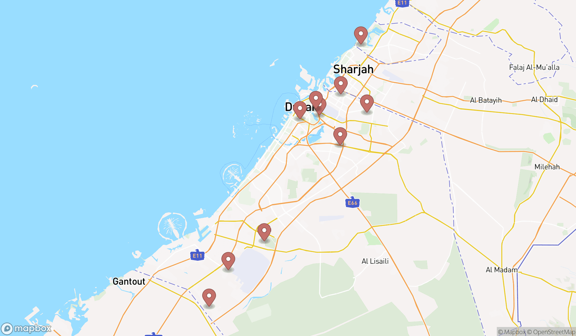 Map showing the search results in Dubai