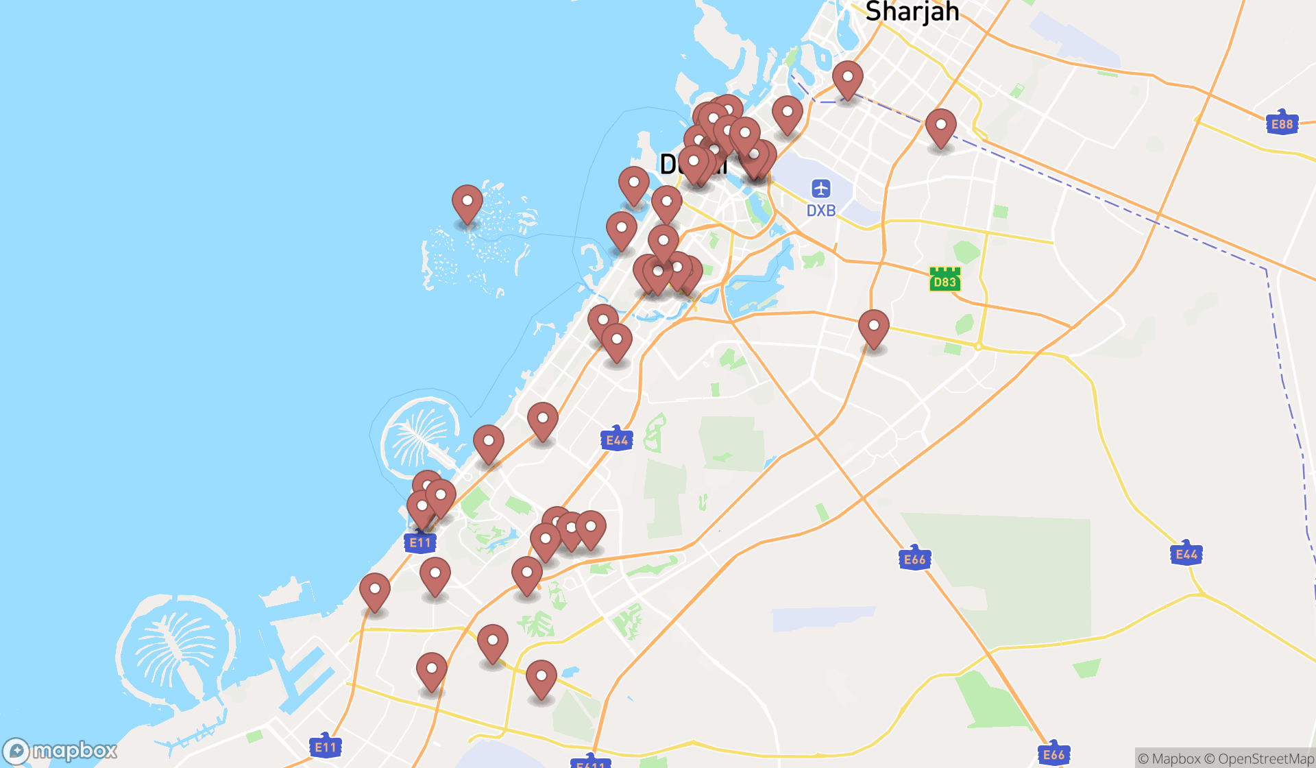 Map showing the search results in Dubai