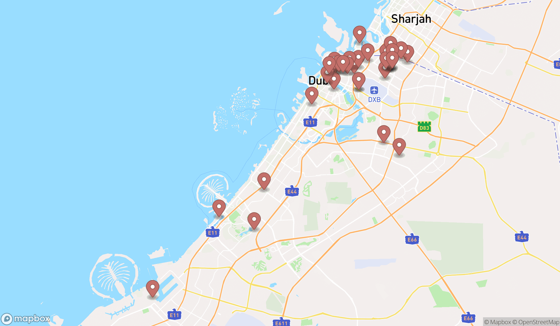 Map showing the search results in Dubai