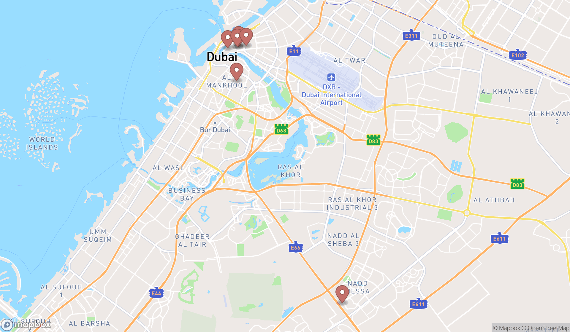 Map showing the search results in Dubai