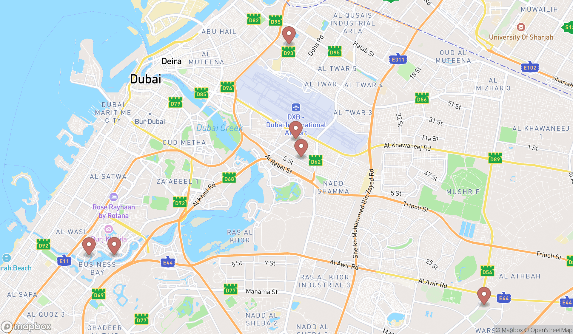Map showing the search results in Dubai