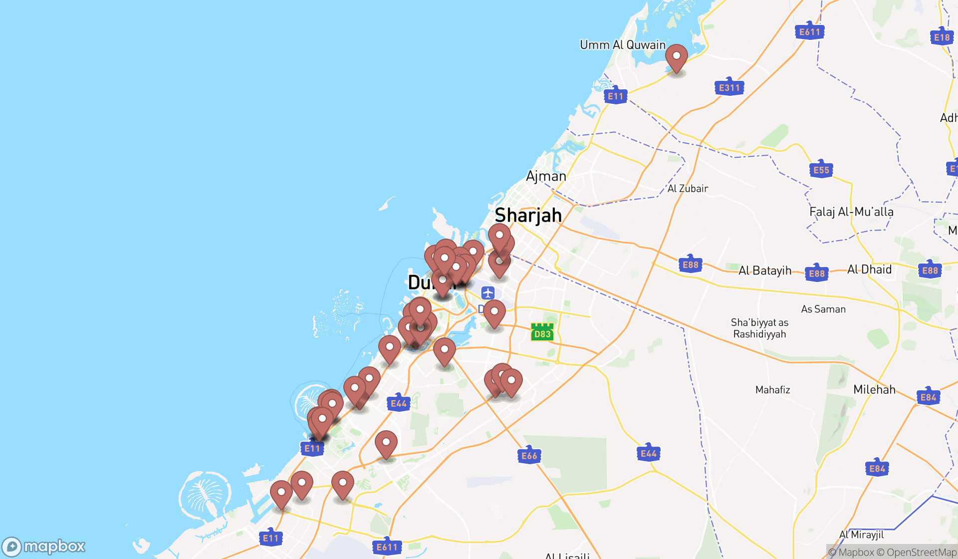 Map showing the search results in Dubai