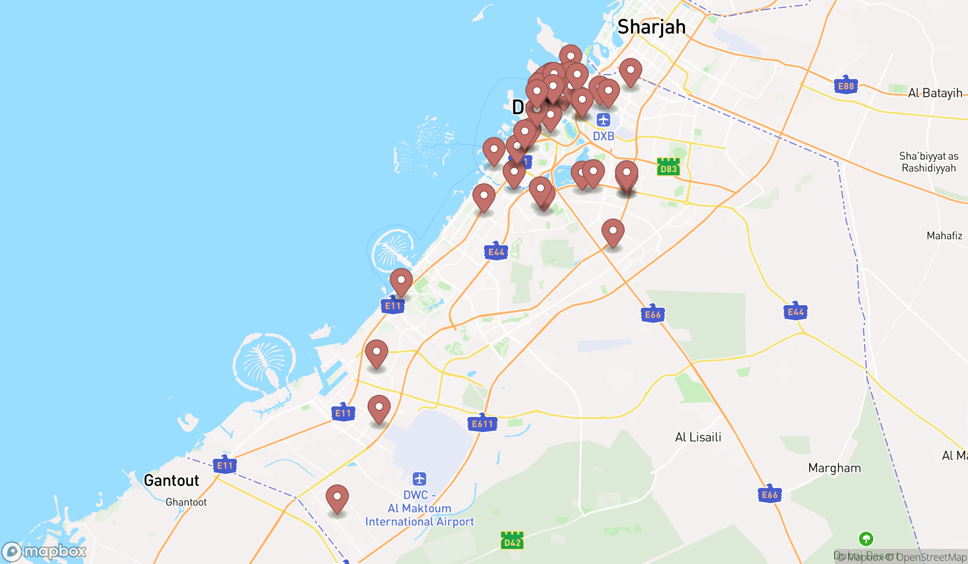 Map showing the search results in Dubai