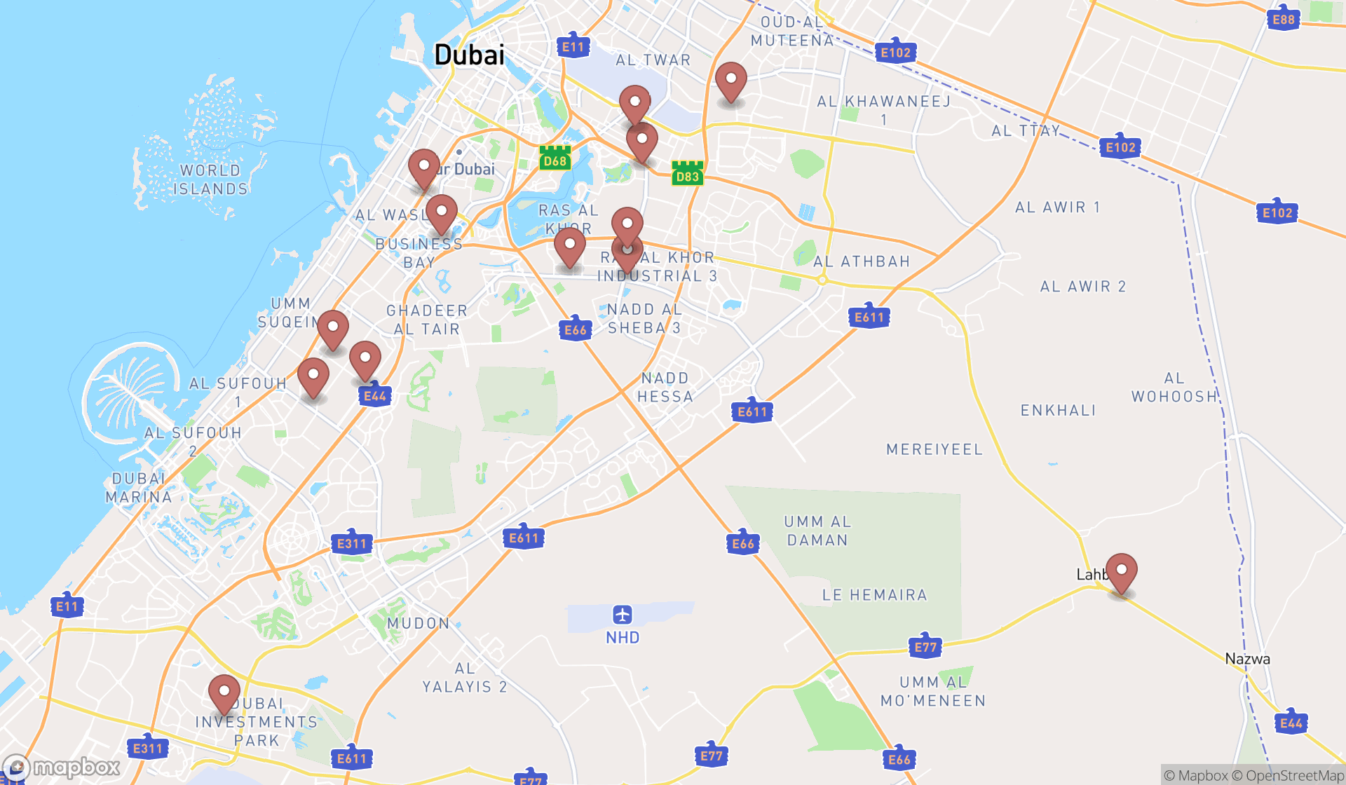 Map showing the search results in Dubai
