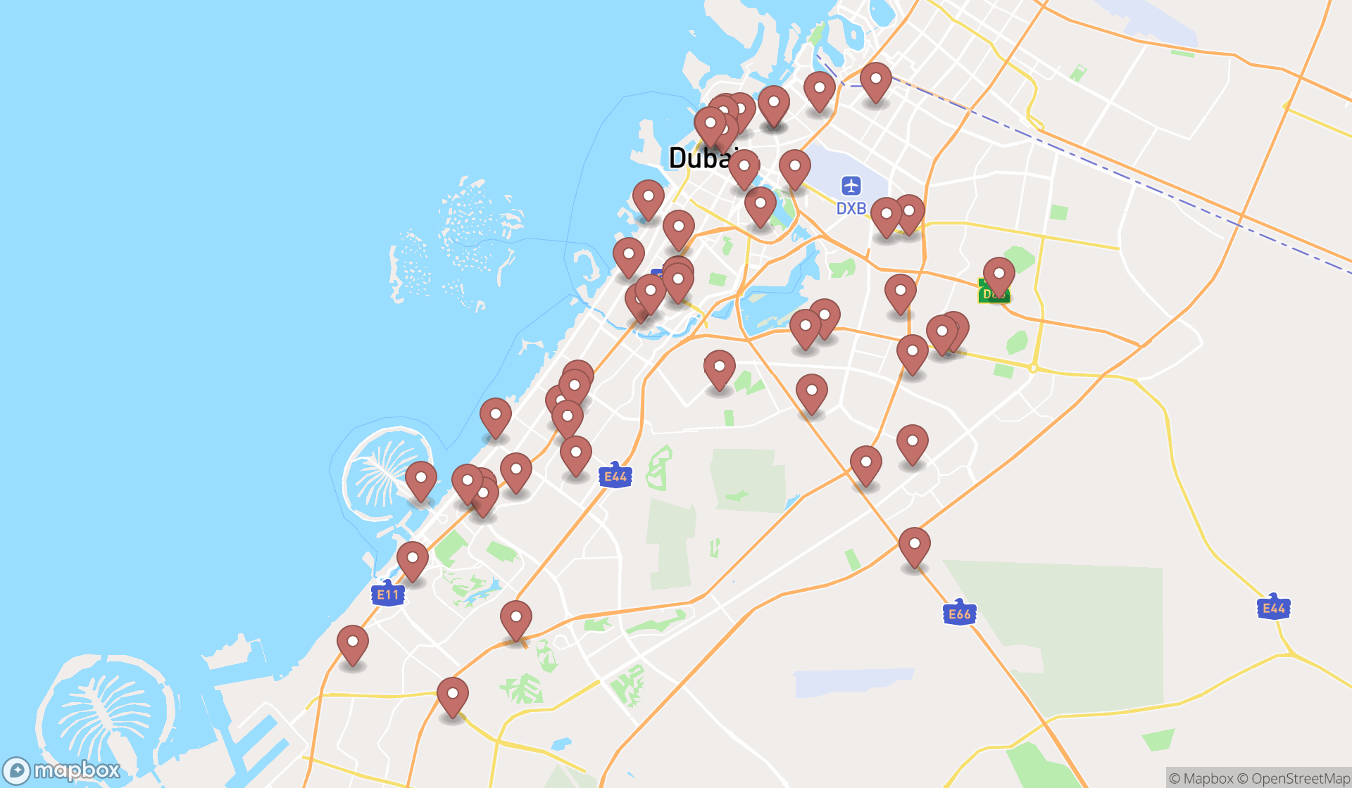 Map showing the search results in Dubai