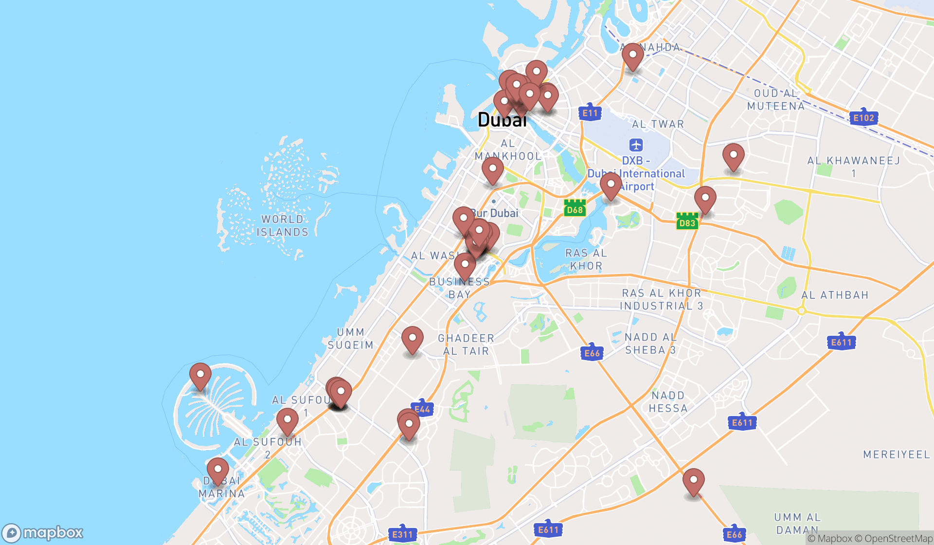 Map showing the search results in Dubai
