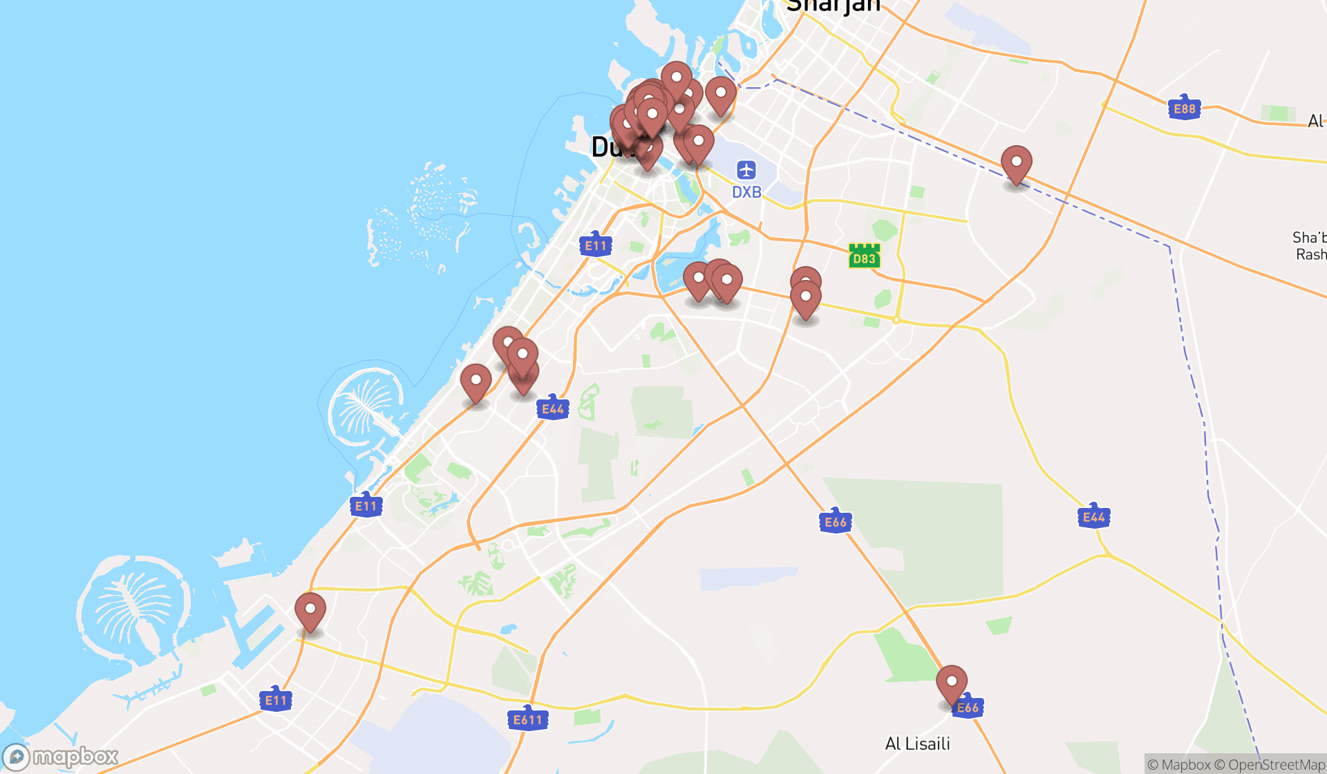 Map showing the search results in Dubai