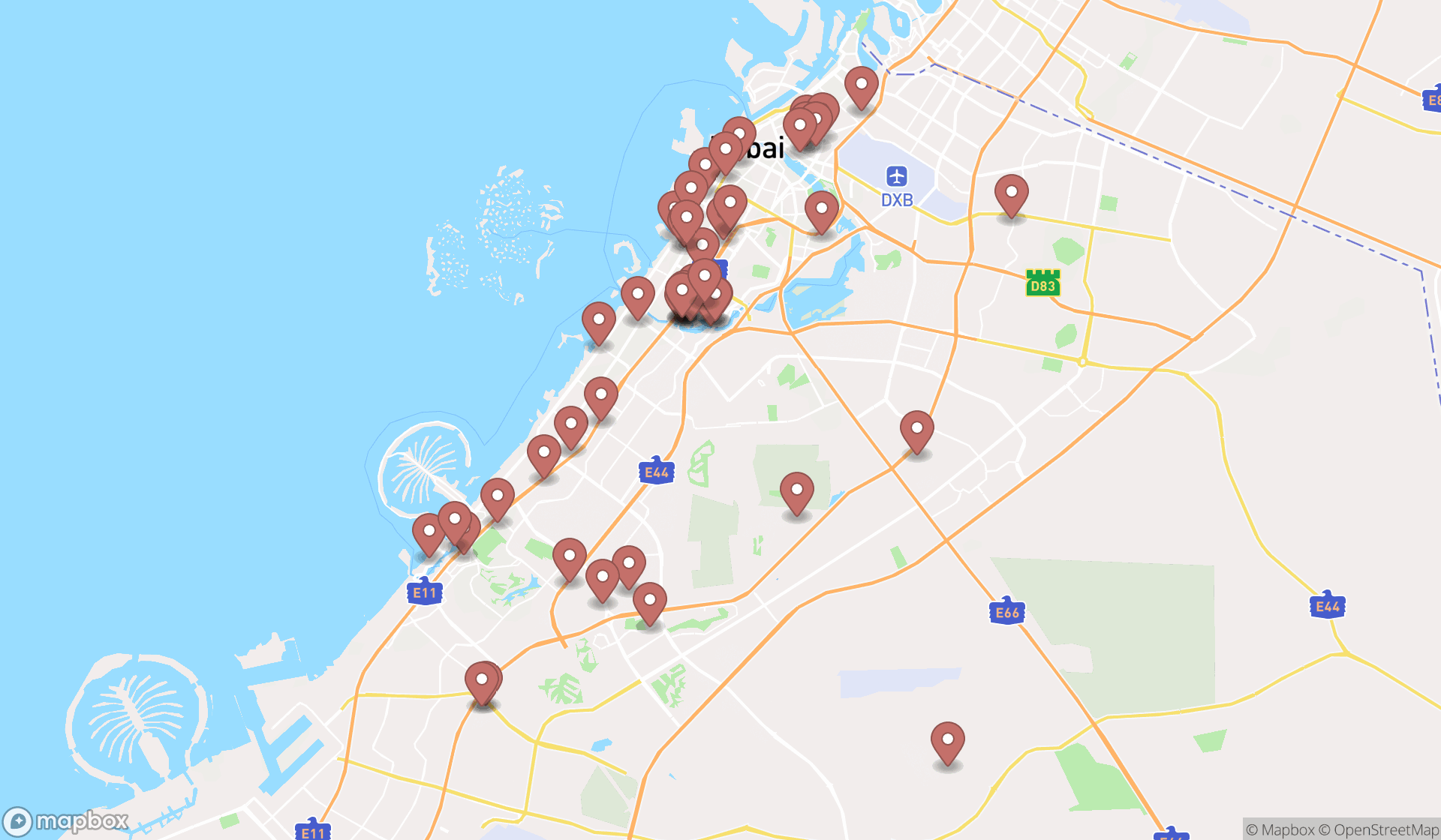 Map showing the search results in Dubai