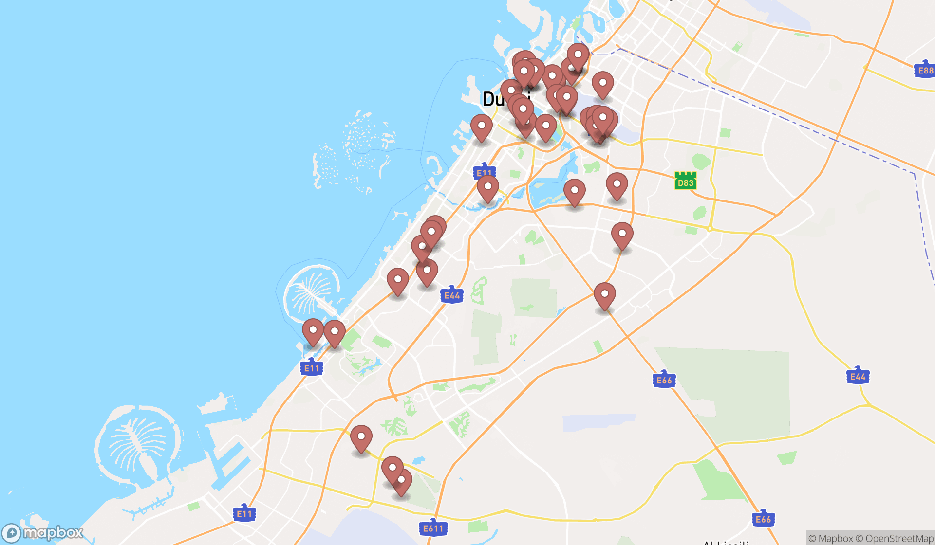 Map showing the search results in Dubai