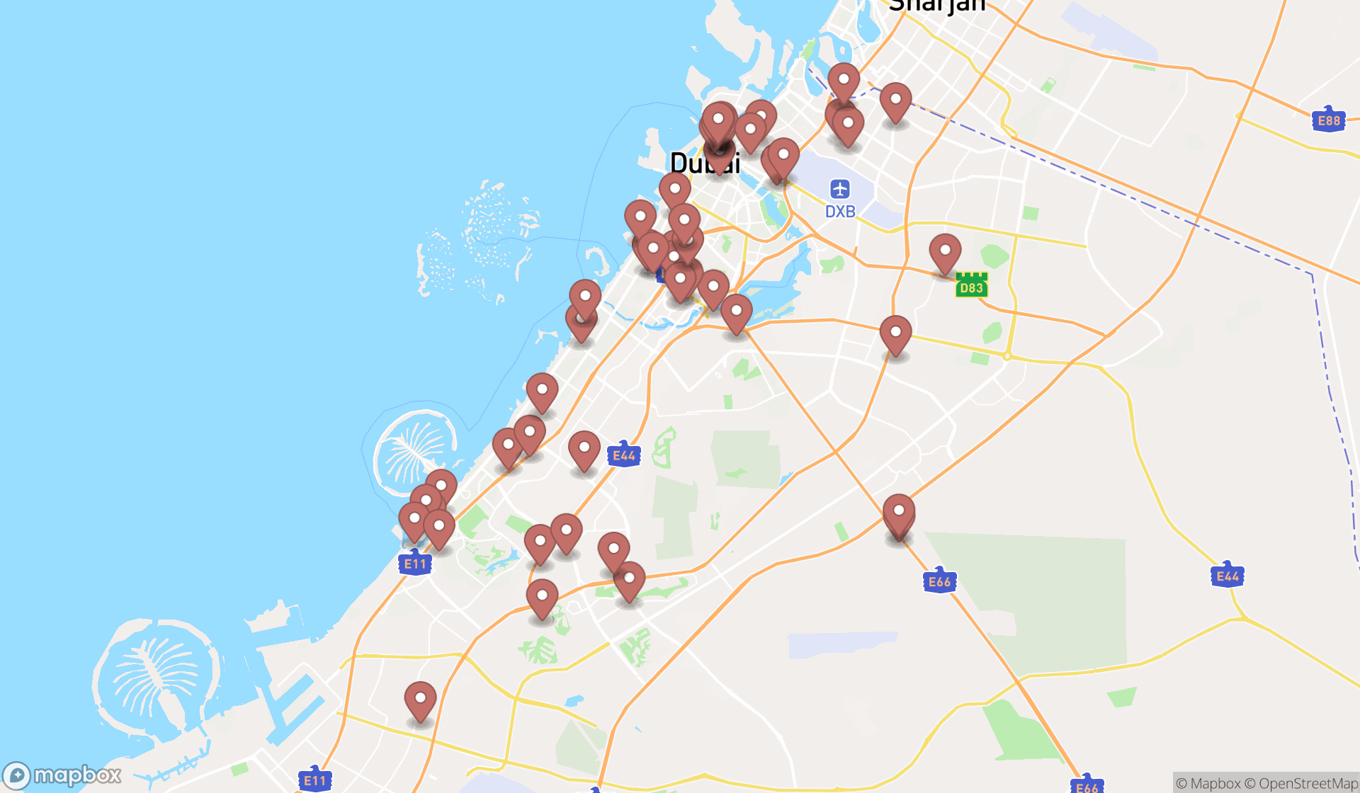 Map showing the search results in Dubai