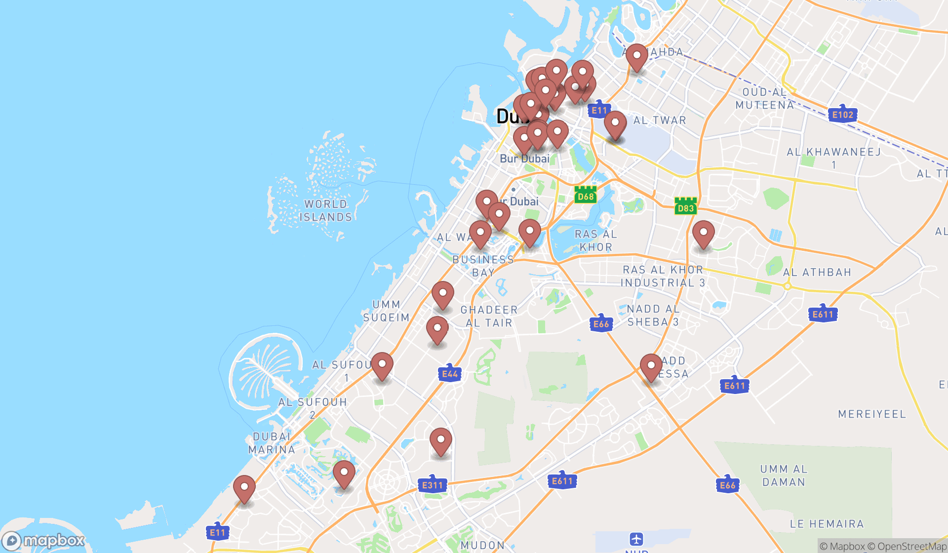 Map showing the search results in Dubai