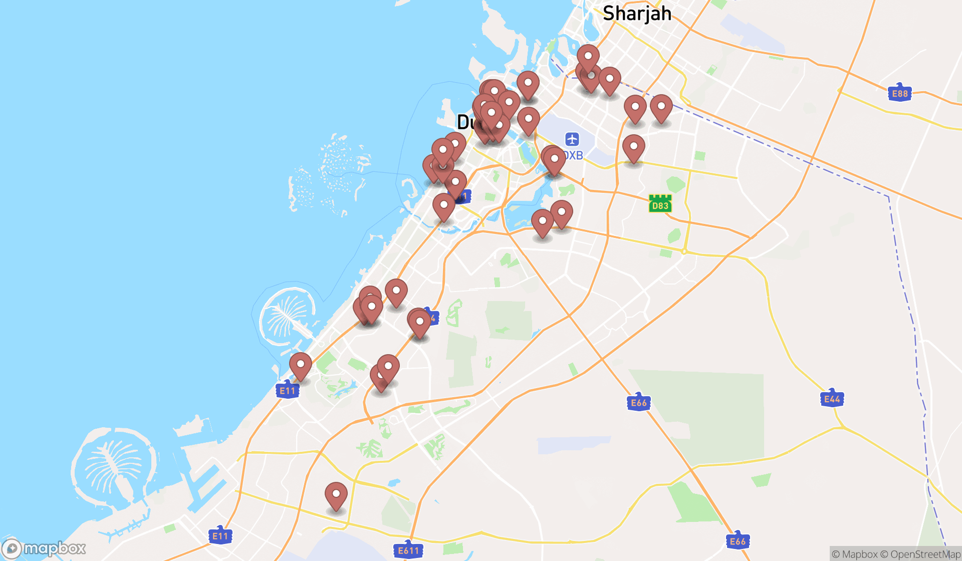 Map showing the search results in Dubai