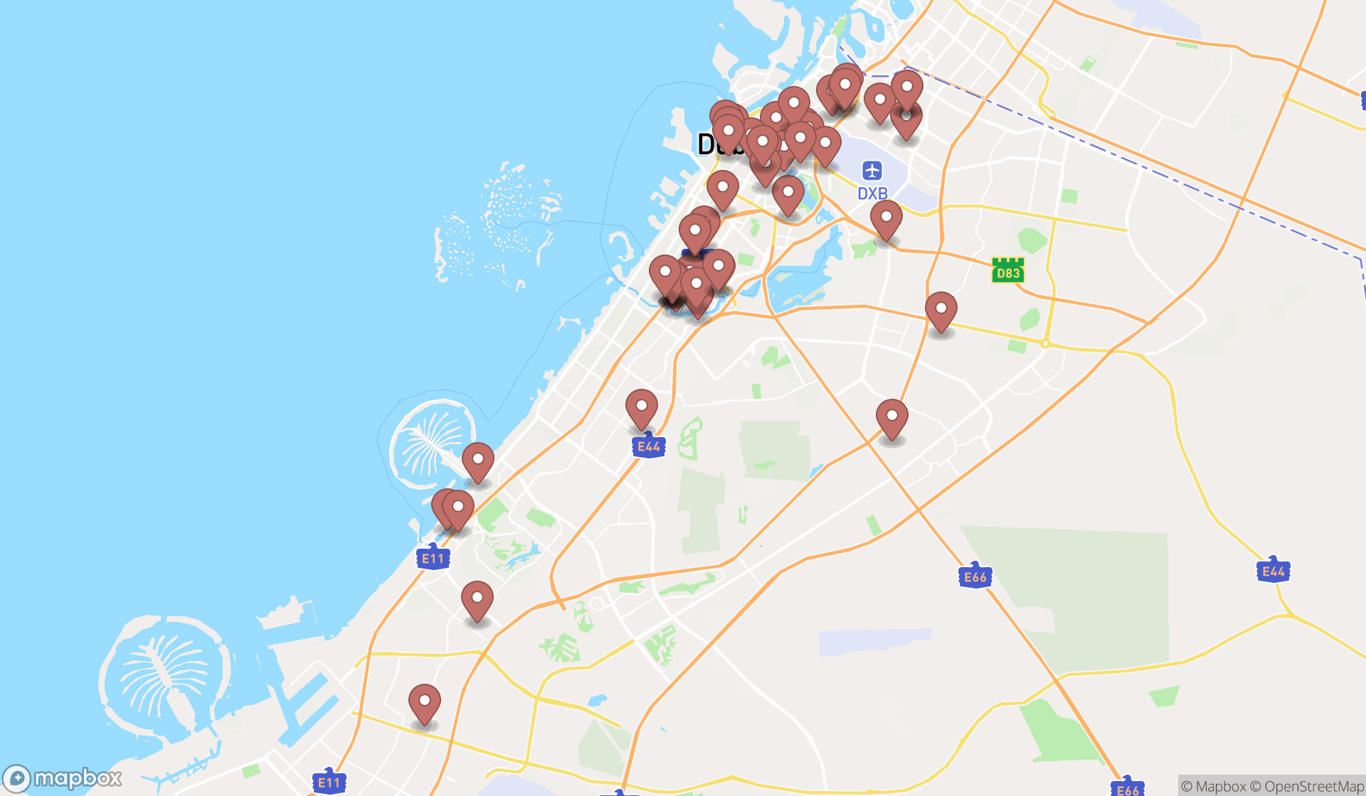 Map showing the search results in Dubai