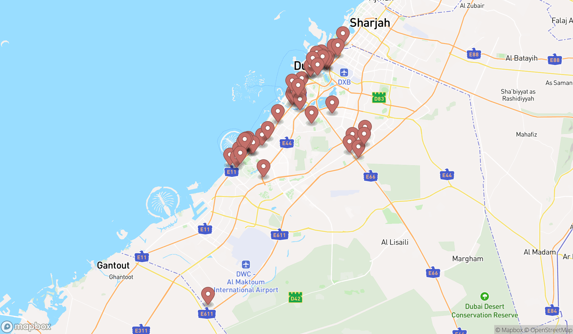 Map showing the search results in Dubai