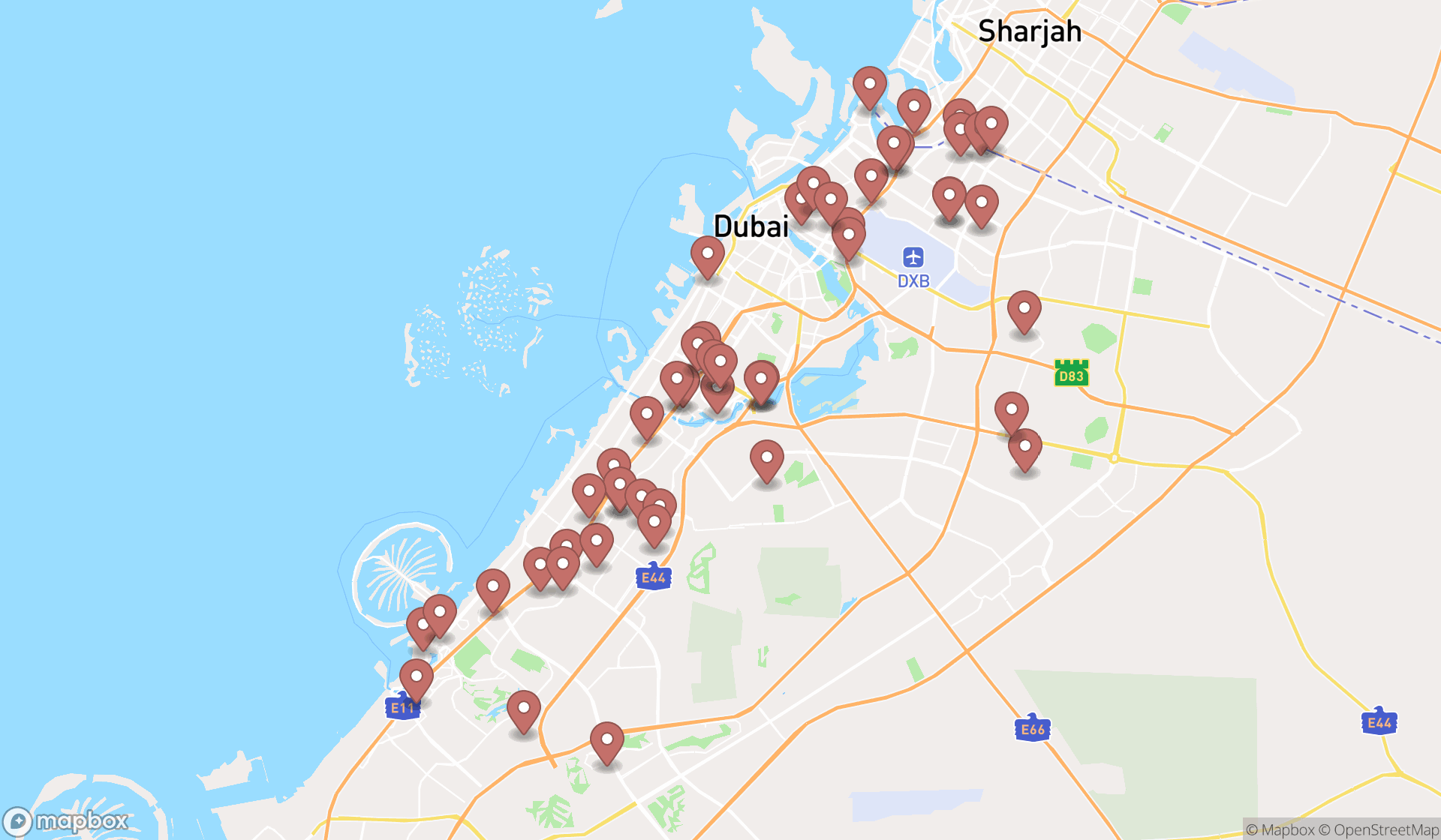 Map showing the search results in Dubai