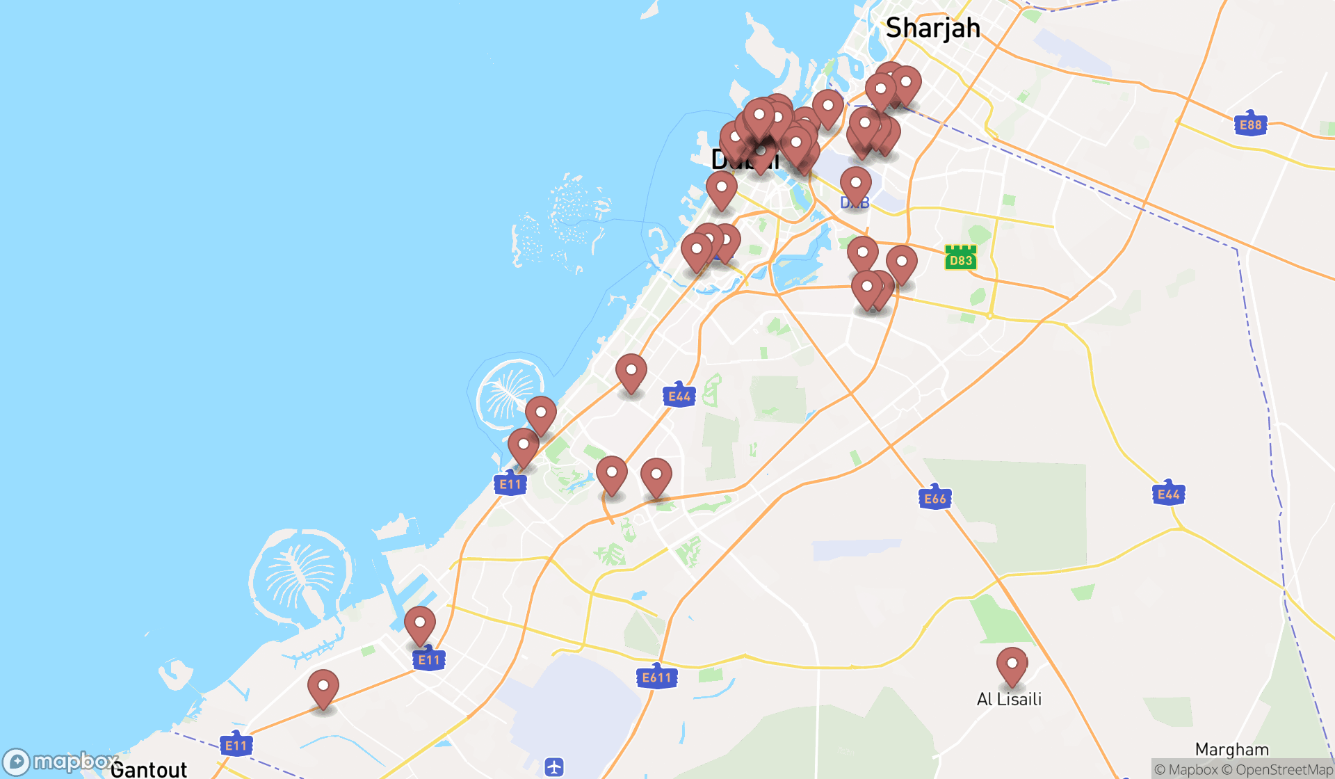 Map showing the search results in Dubai