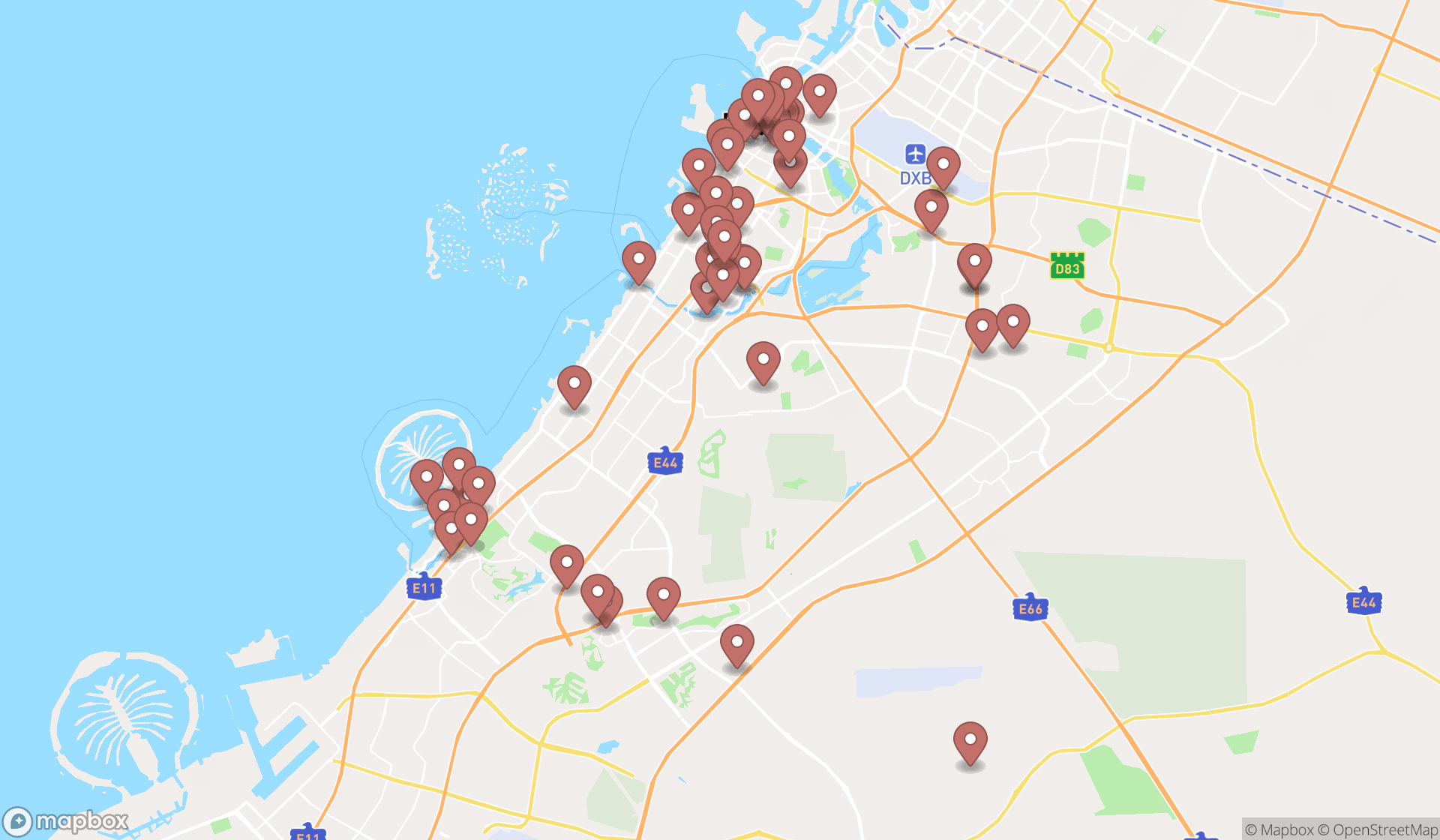 Map showing the search results in Dubai