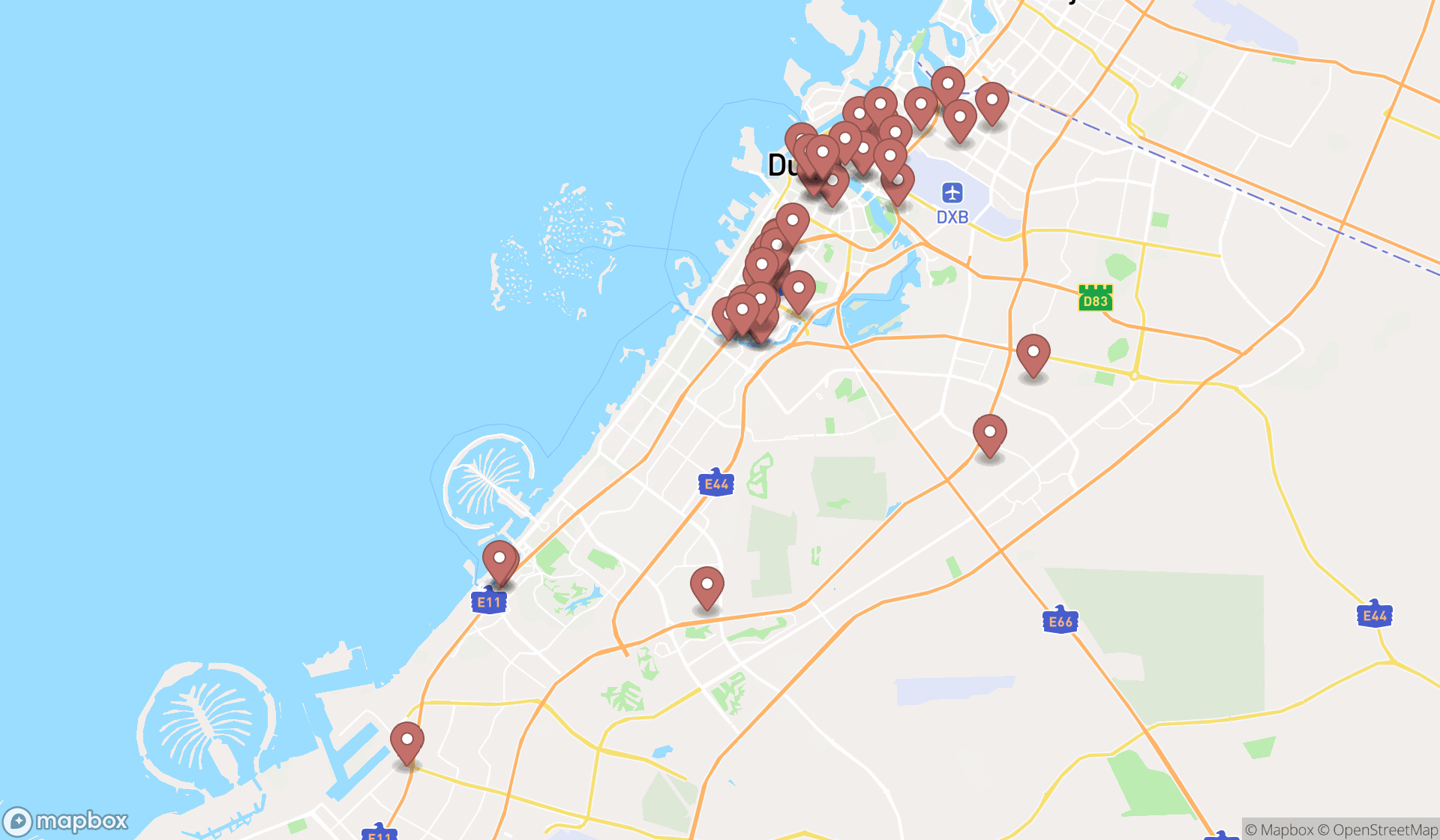 Map showing the search results in Dubai