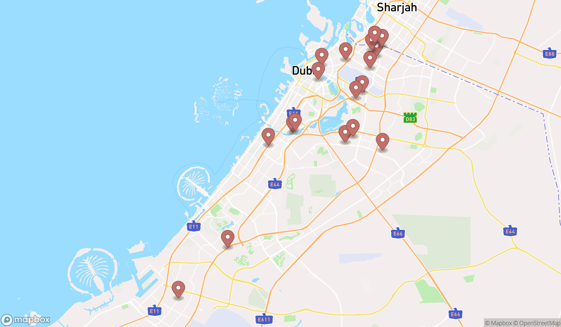 Map showing the search results in Dubai