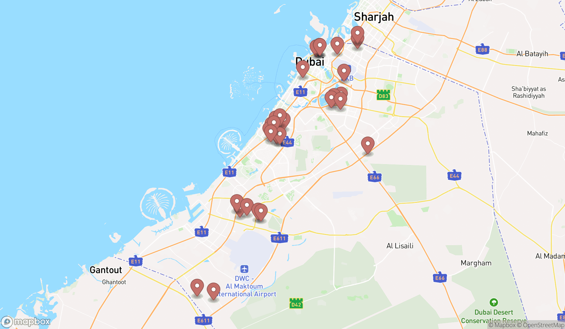 Map showing the search results in Dubai