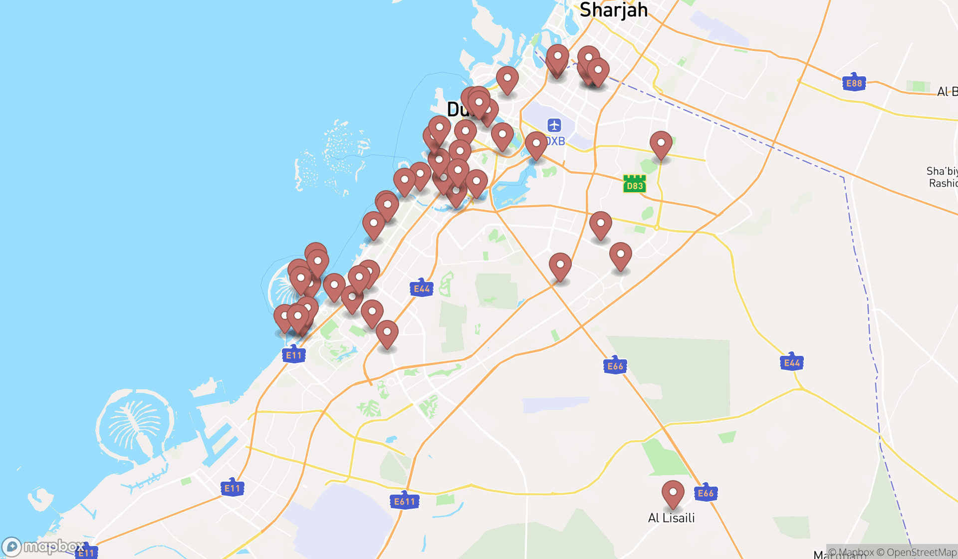 Map showing the search results in Dubai