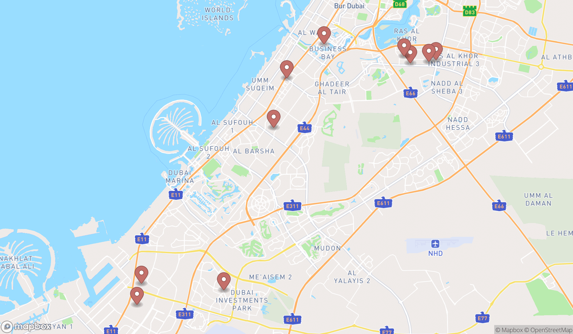 Map showing the search results in Dubai