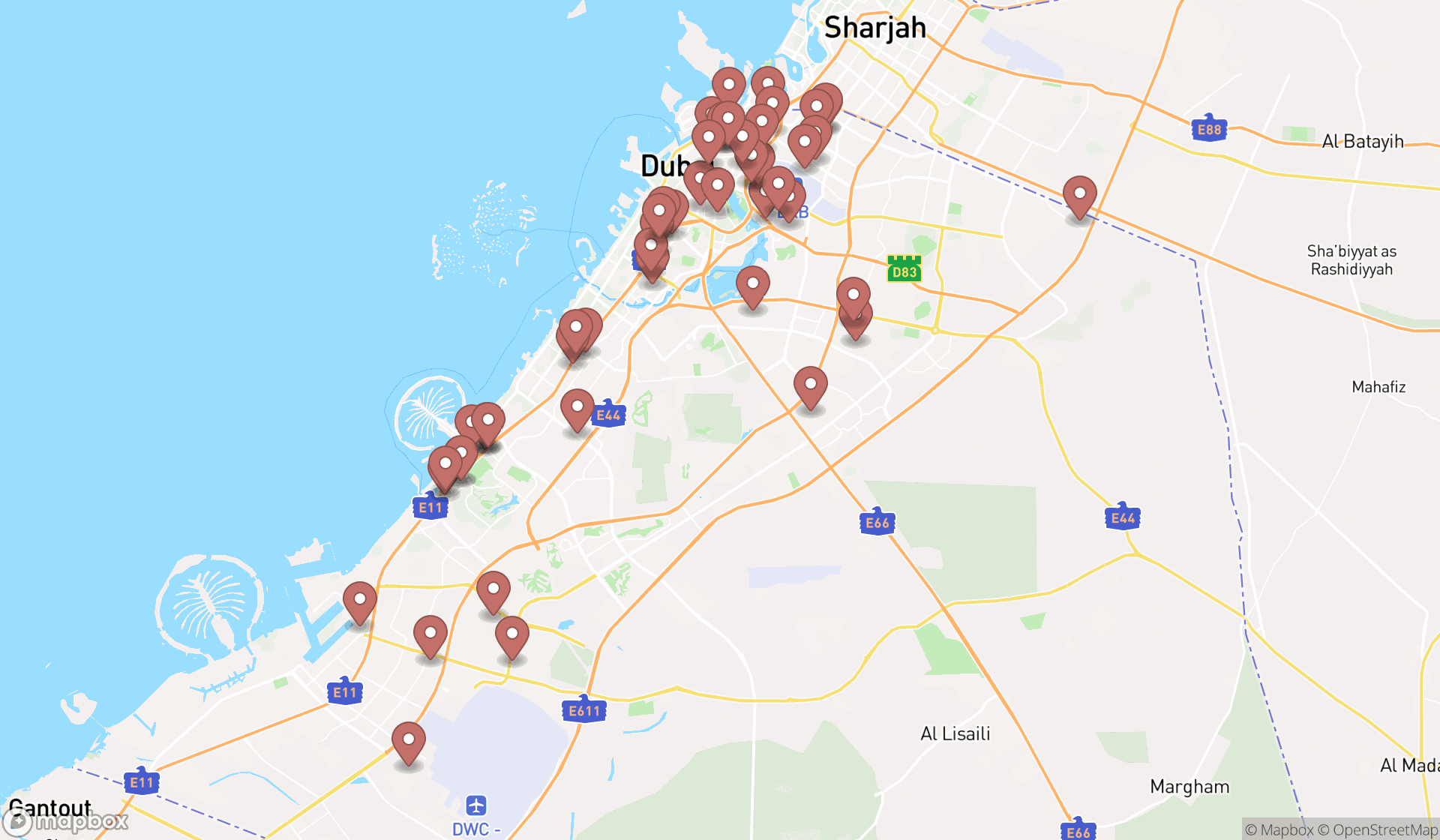 Map showing the search results in Dubai
