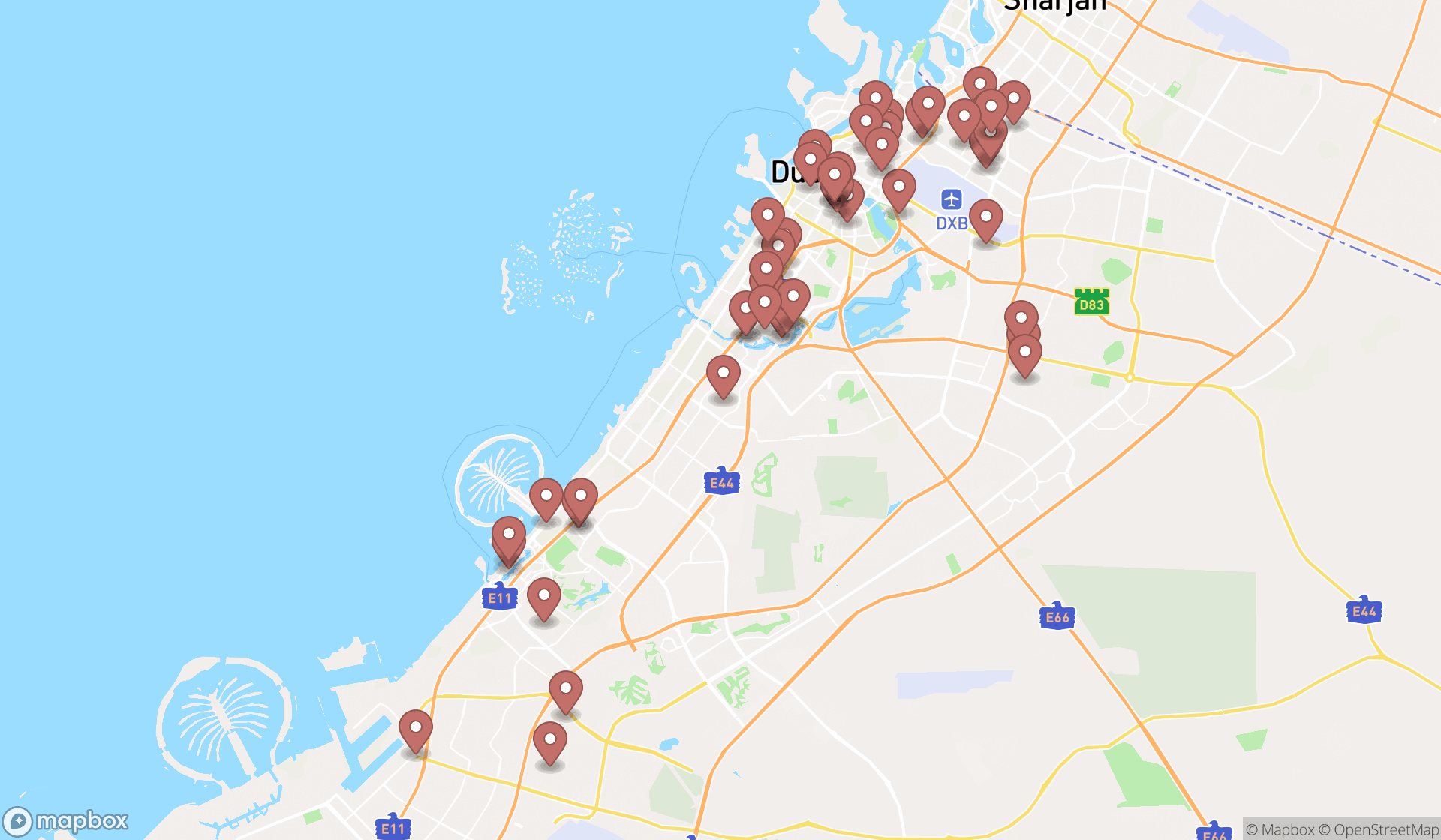 Map showing the search results in Dubai