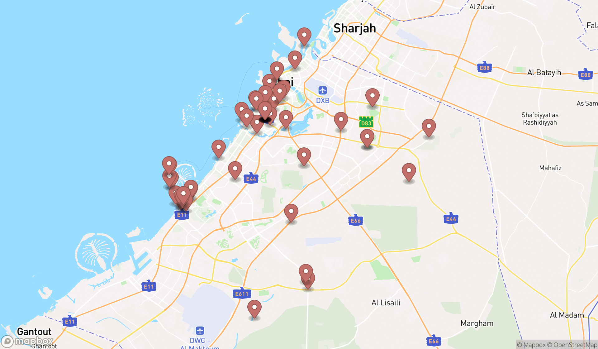 Map showing the search results in Dubai