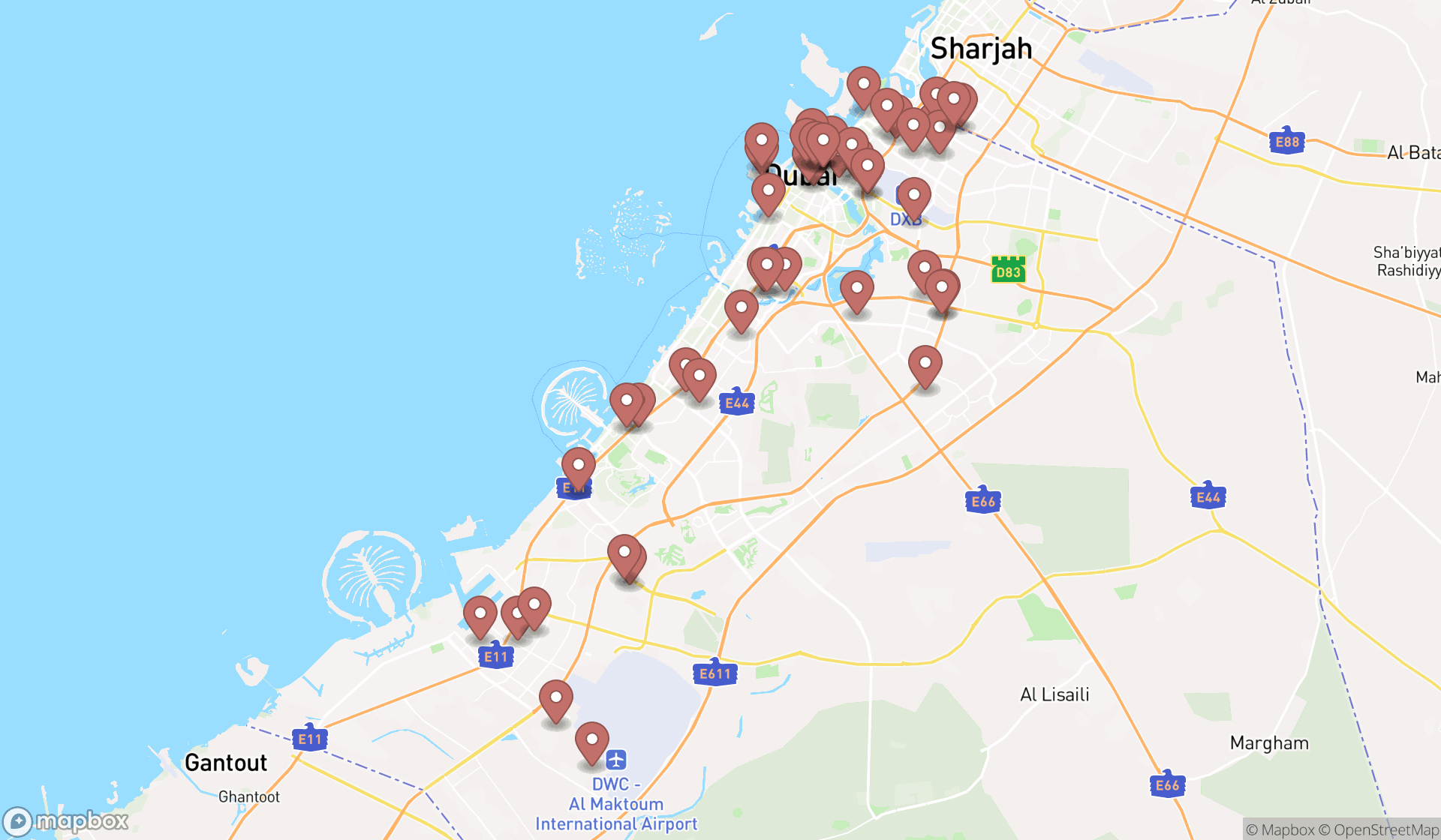 Map showing the search results in Dubai