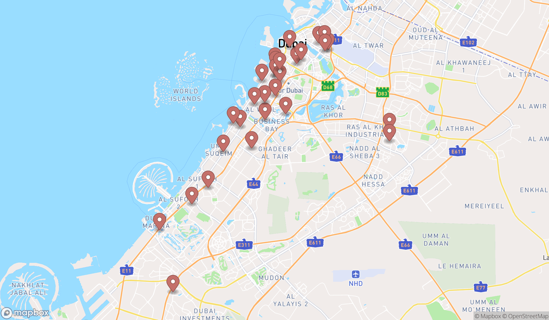 Map showing the search results in Dubai