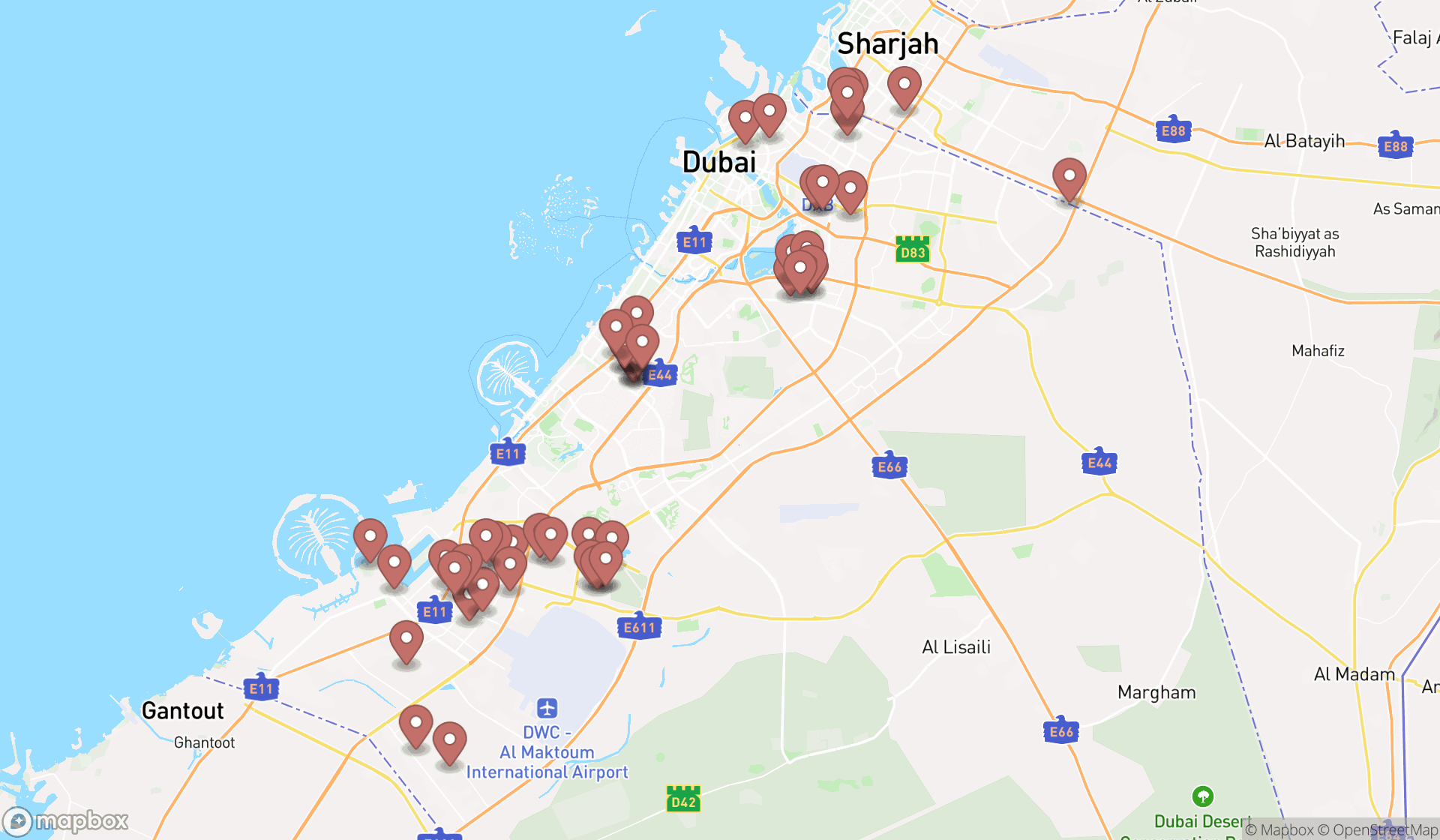 Map showing the search results in Dubai
