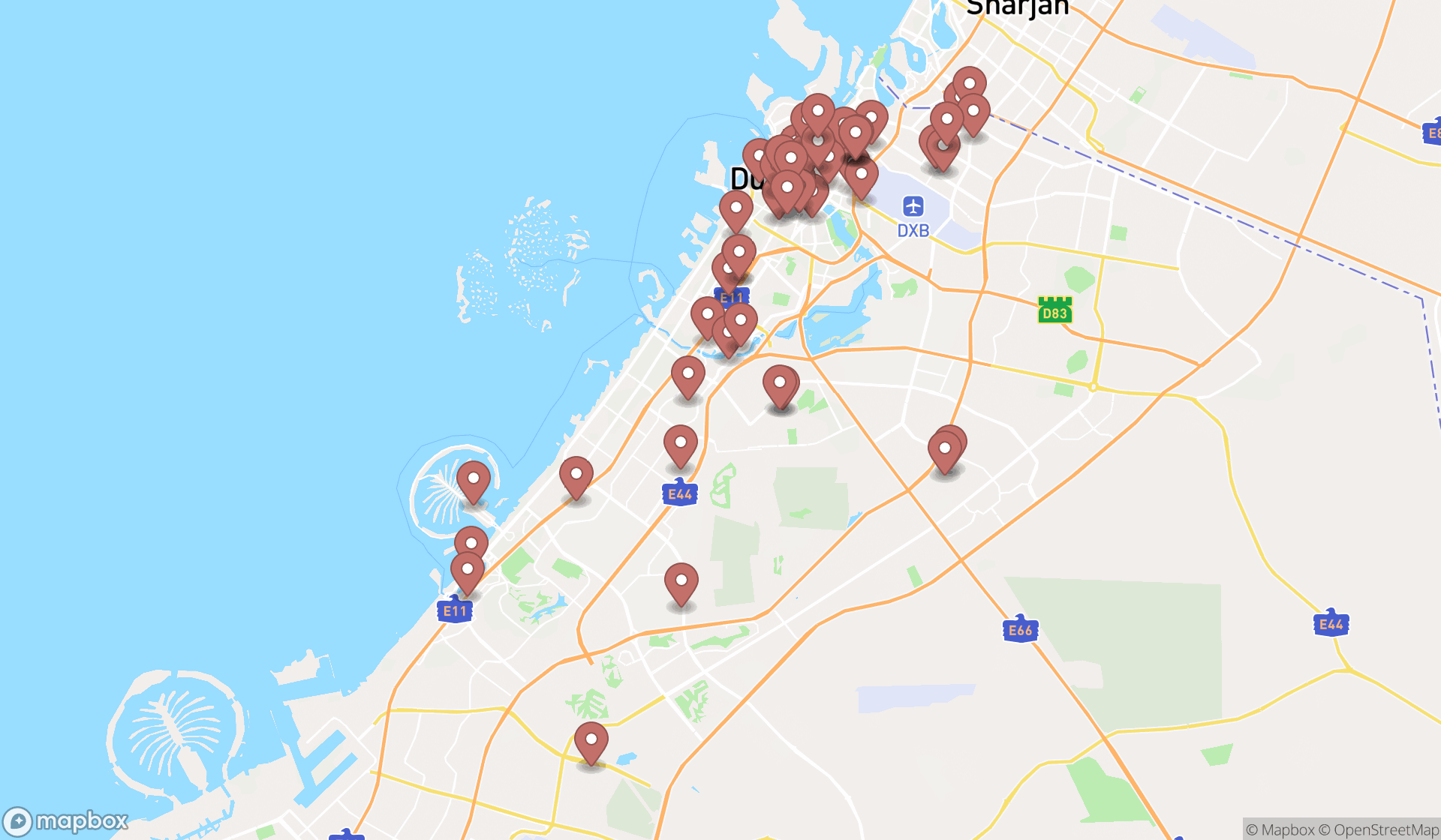 Map showing the search results in Dubai