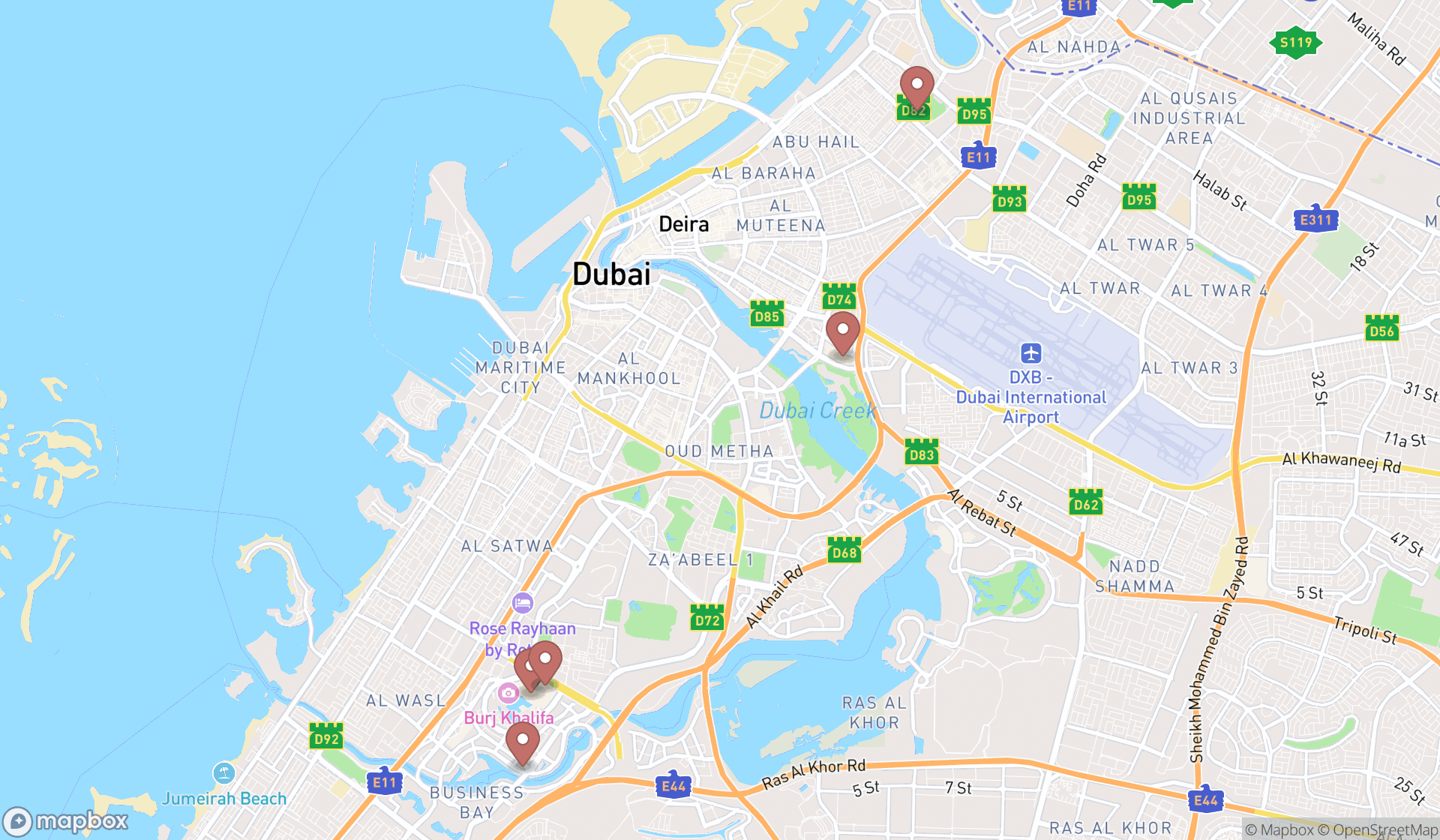 Map showing the search results in Dubai