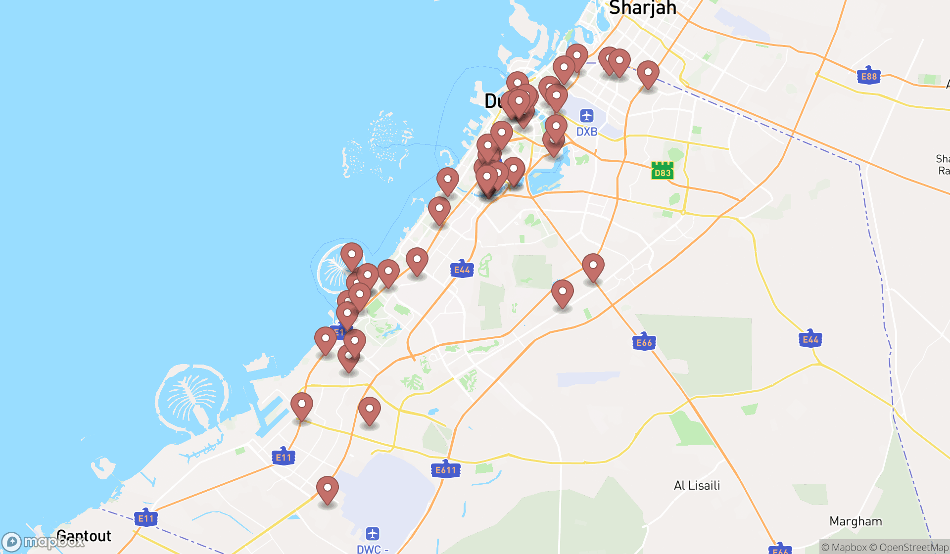 Map showing the search results in Dubai
