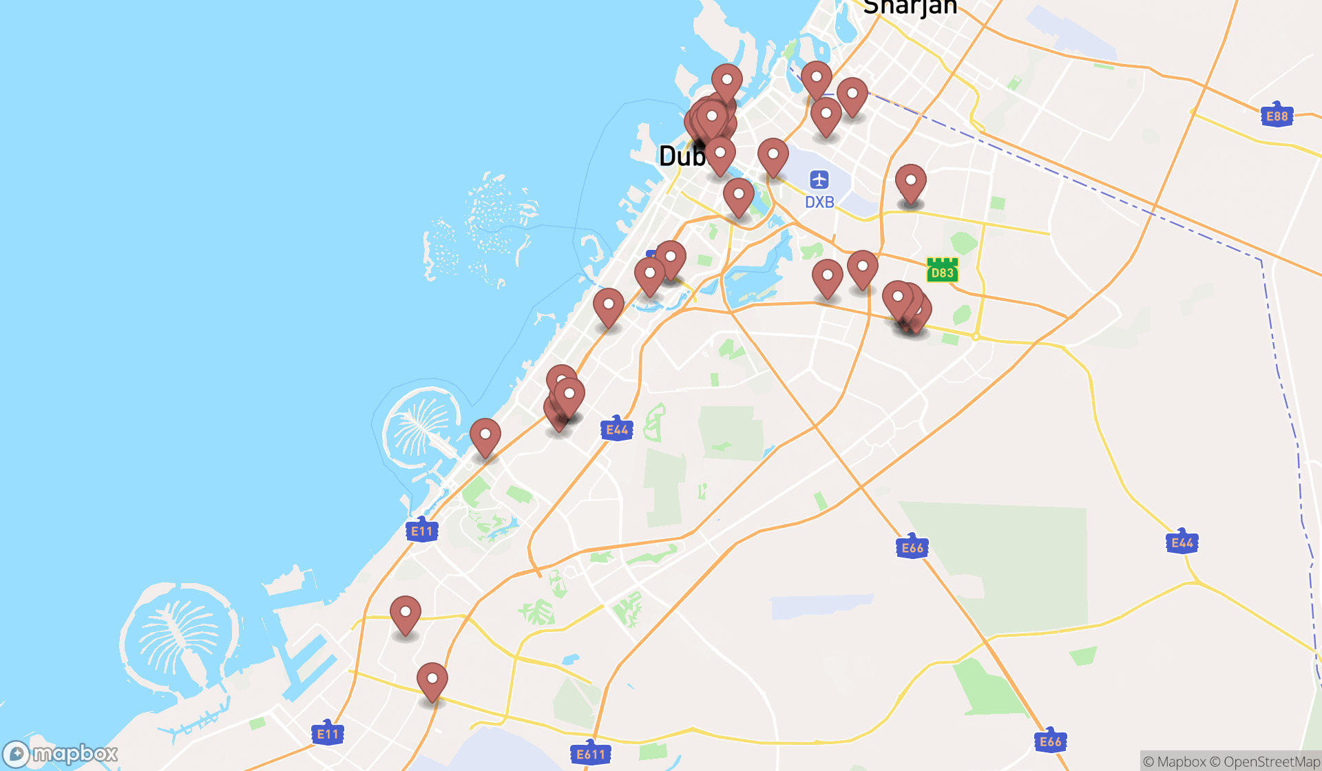 Map showing the search results in Dubai