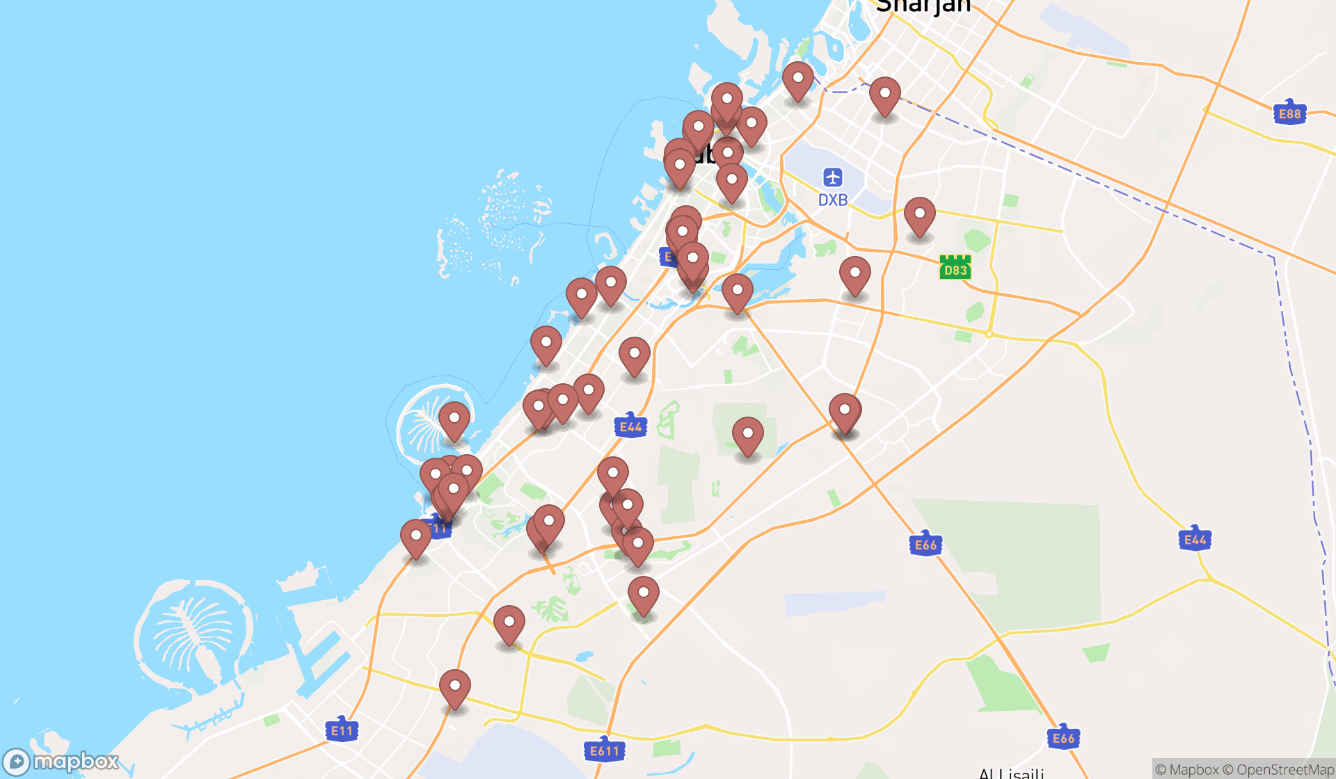 Map showing the search results in Dubai