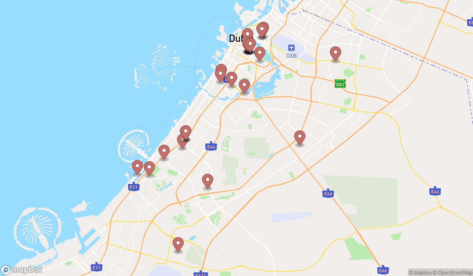 Map showing the search results in Dubai