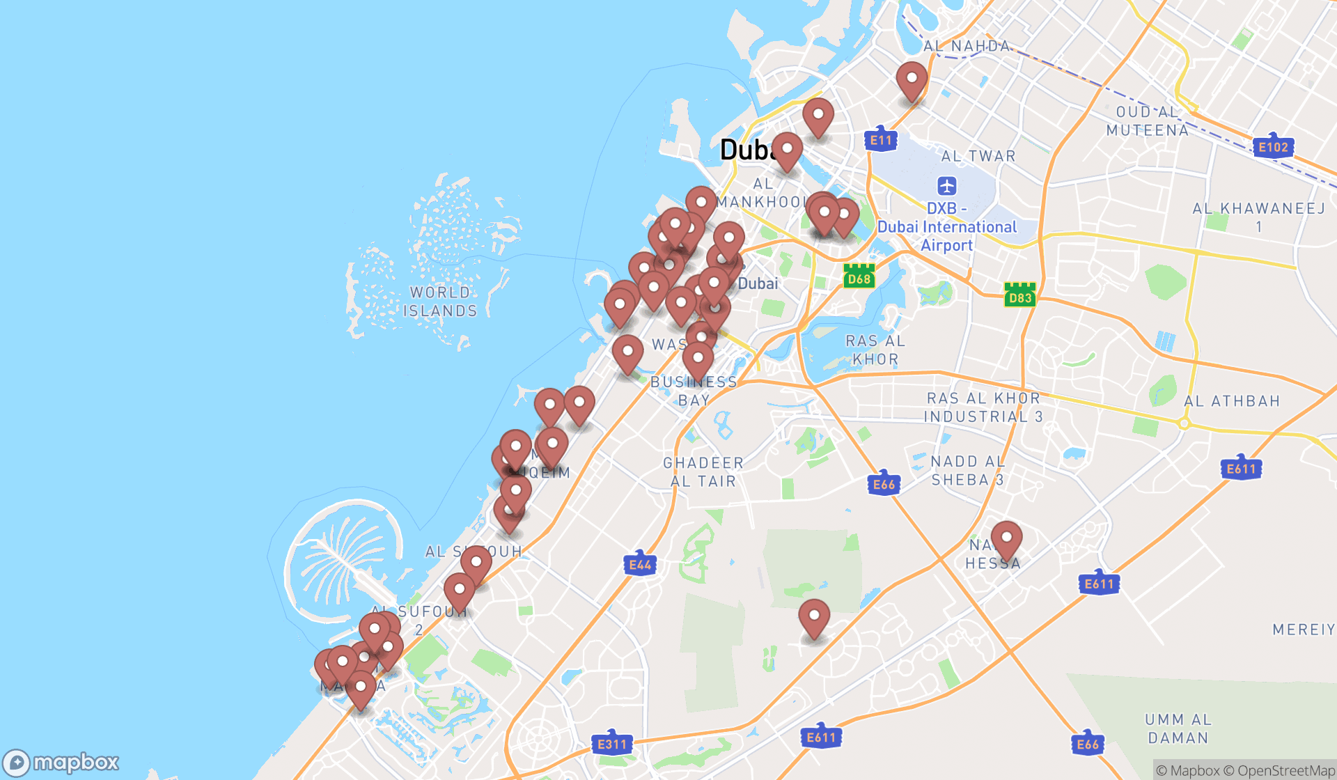 Map showing the search results in Dubai
