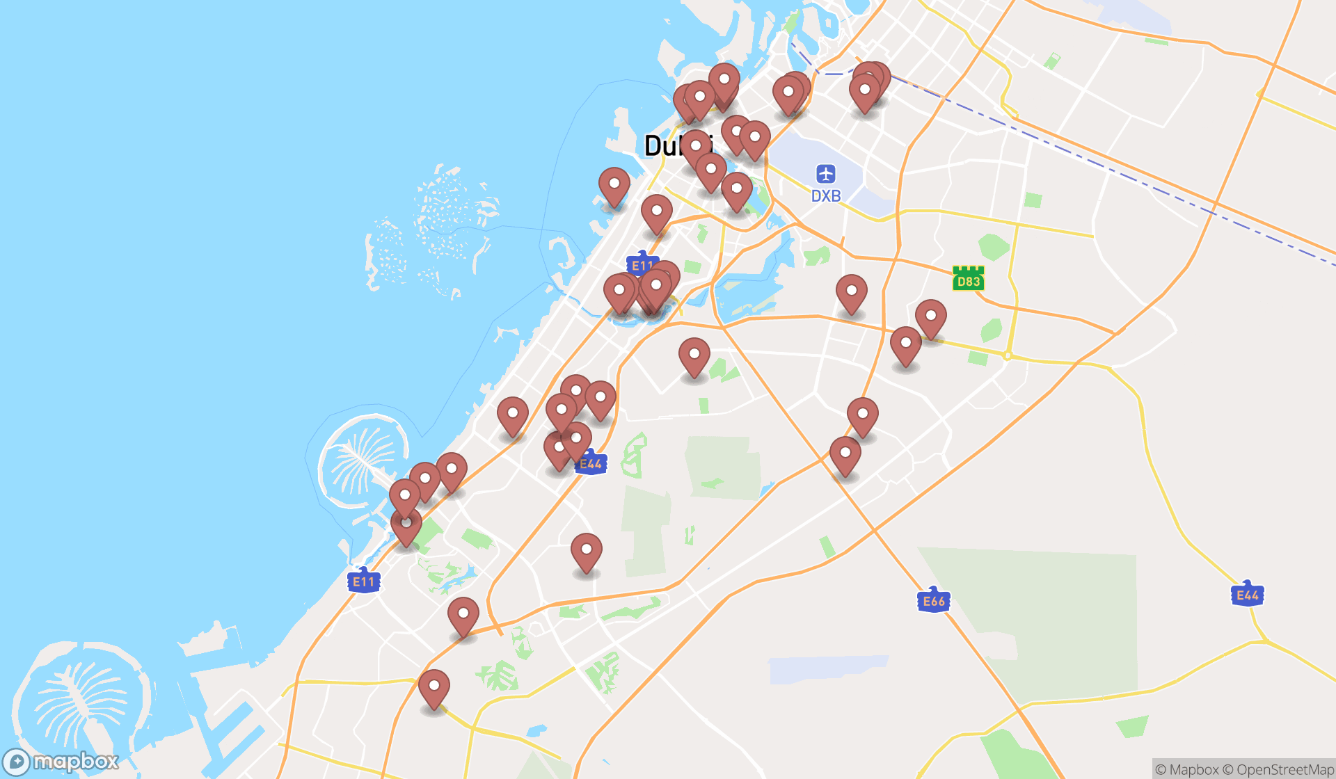 Map showing the search results in Dubai