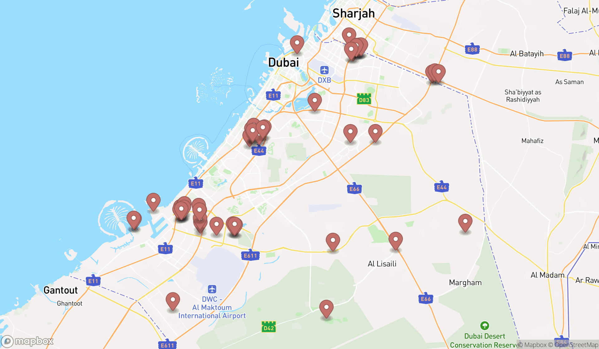 Map showing the search results in Dubai