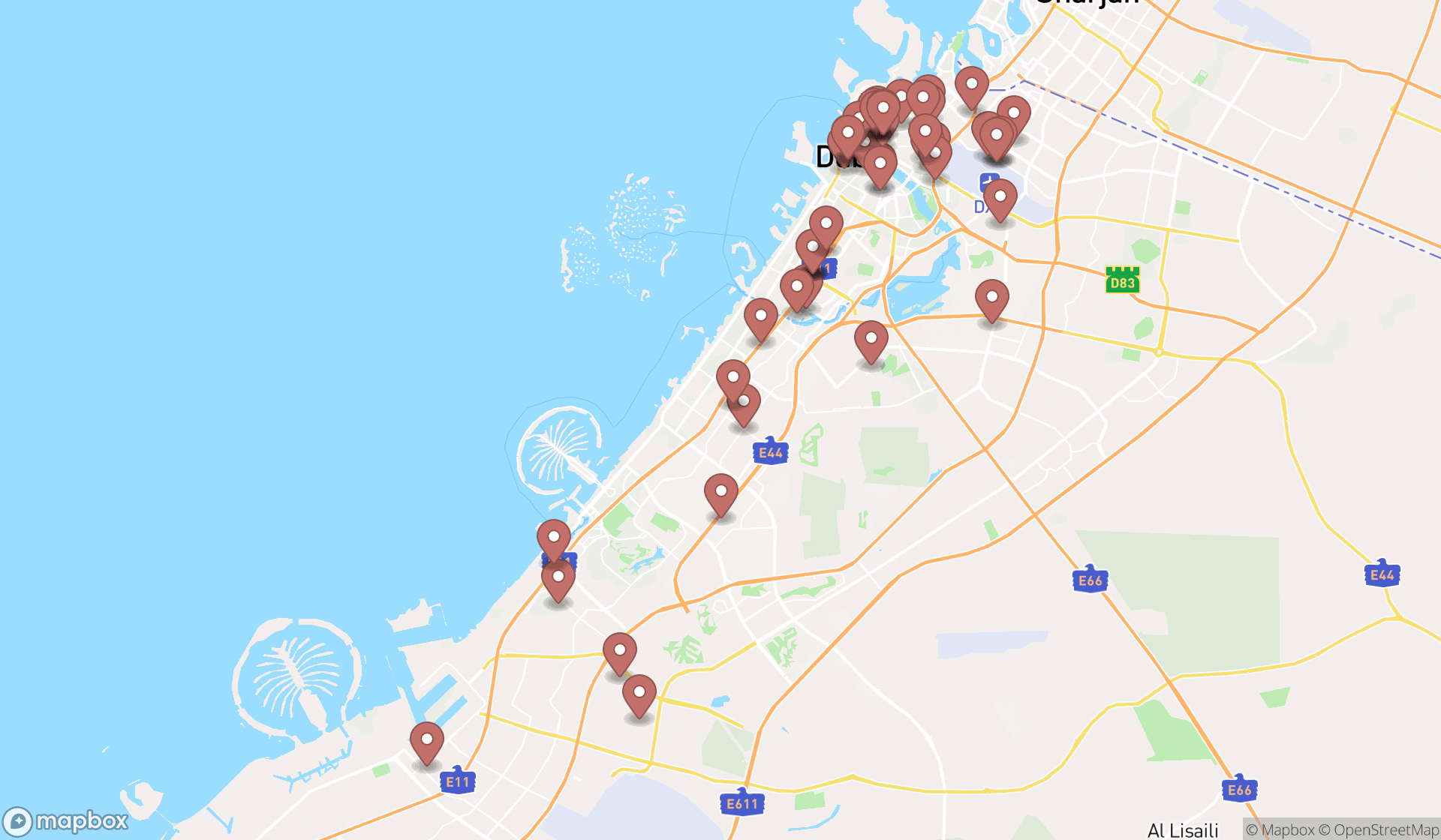 Map showing the search results in Dubai