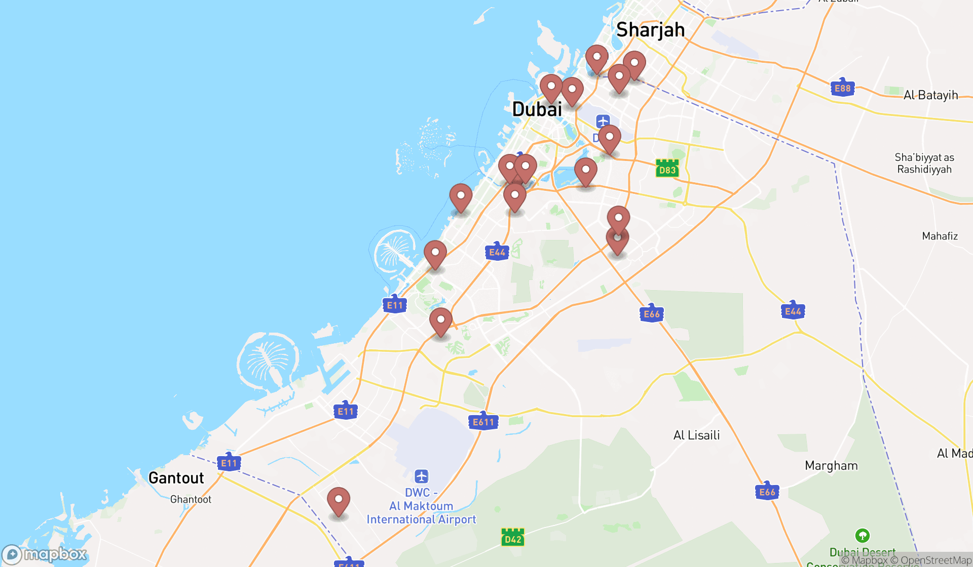 Map showing the search results in Dubai