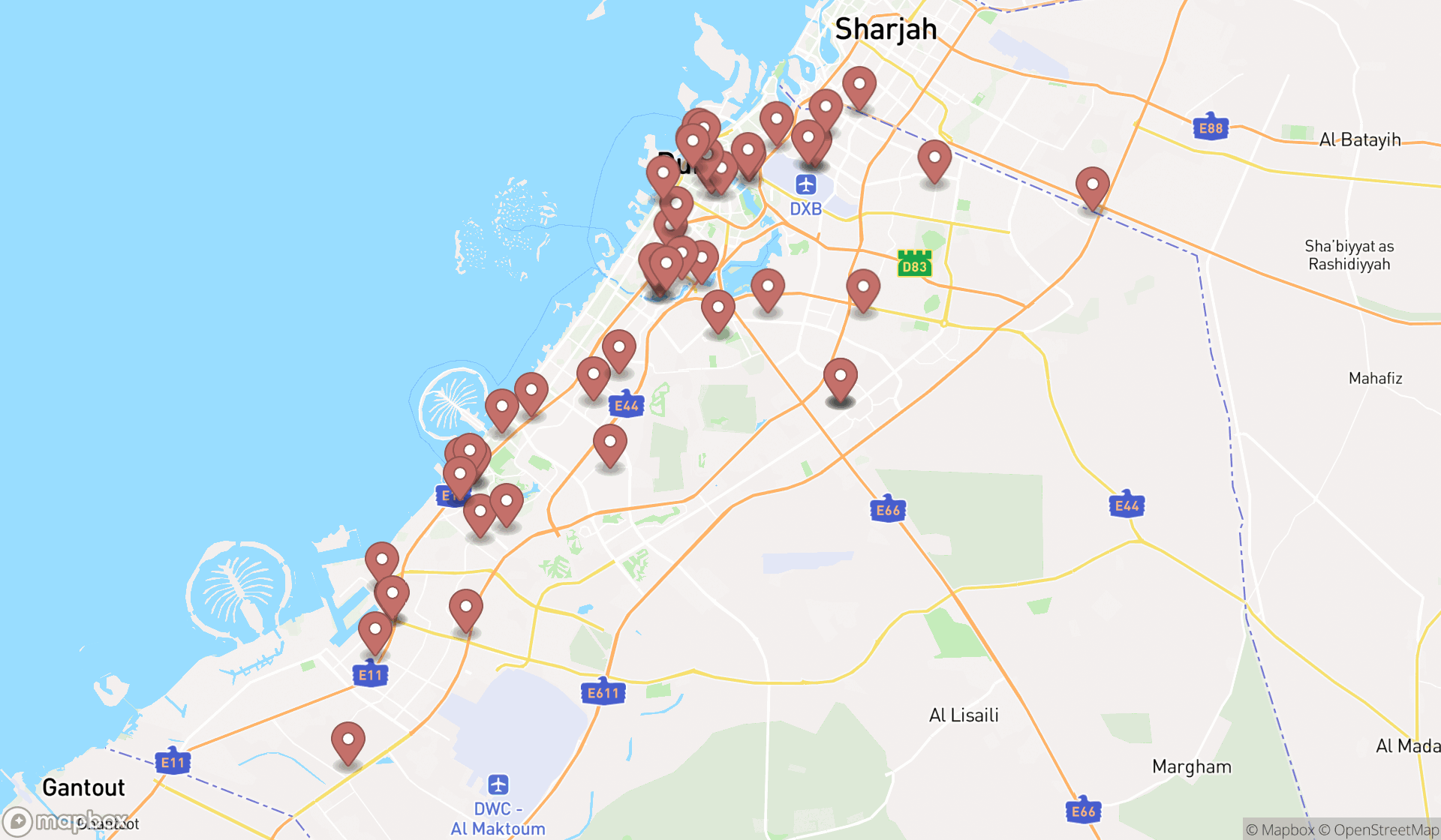 Map showing the search results in Dubai