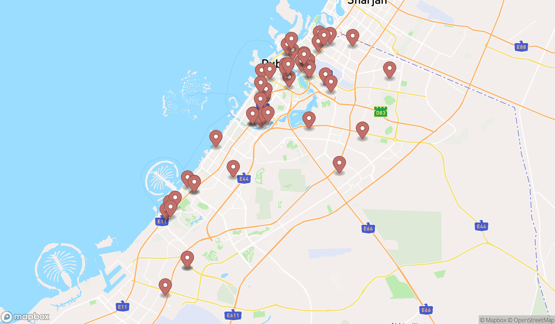 Map showing the search results in Dubai