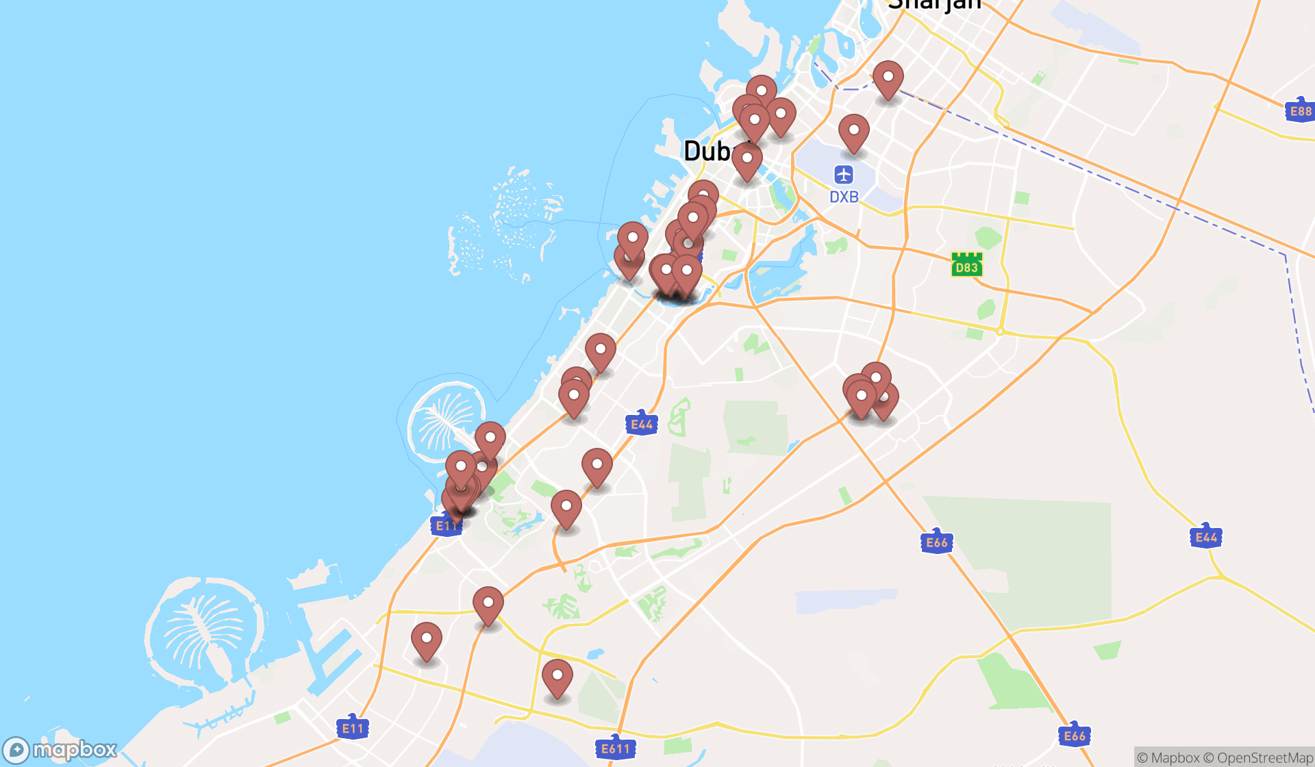 Map showing the search results in Dubai
