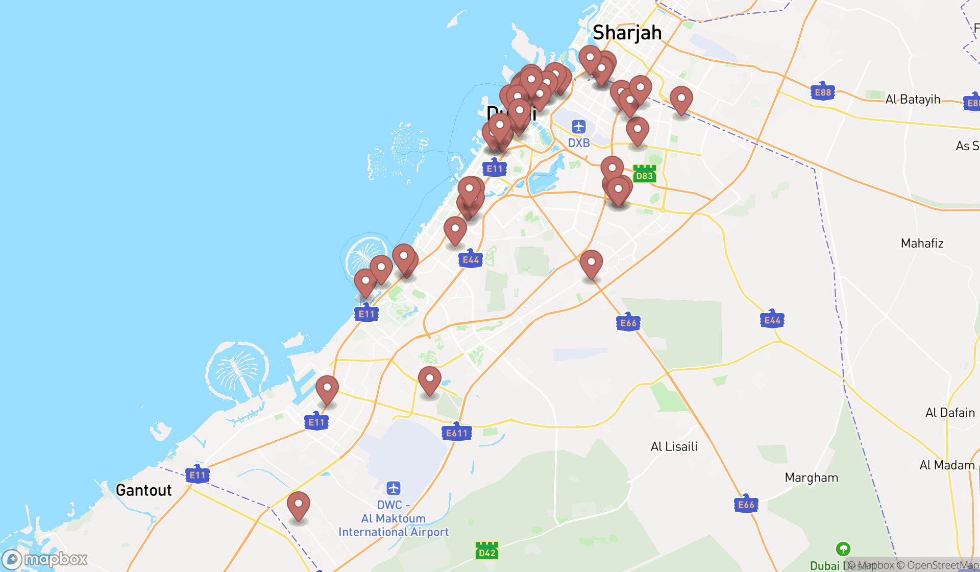Map showing the search results in Dubai