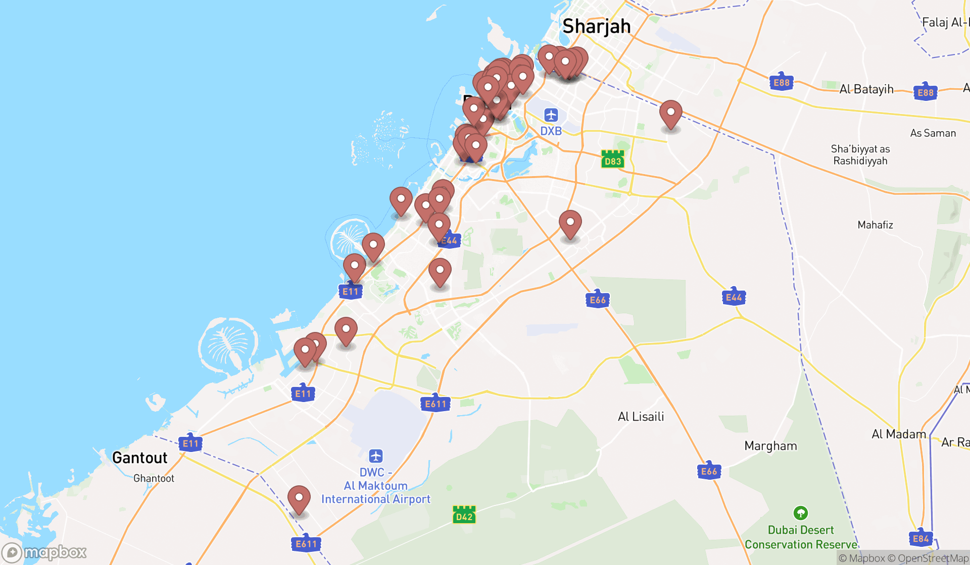 Map showing the search results in Dubai
