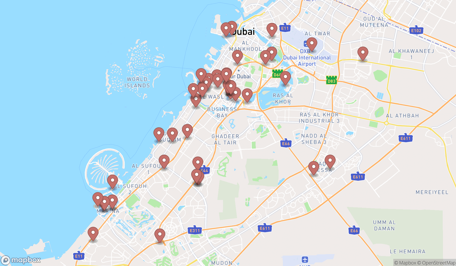 Map showing the search results in Dubai
